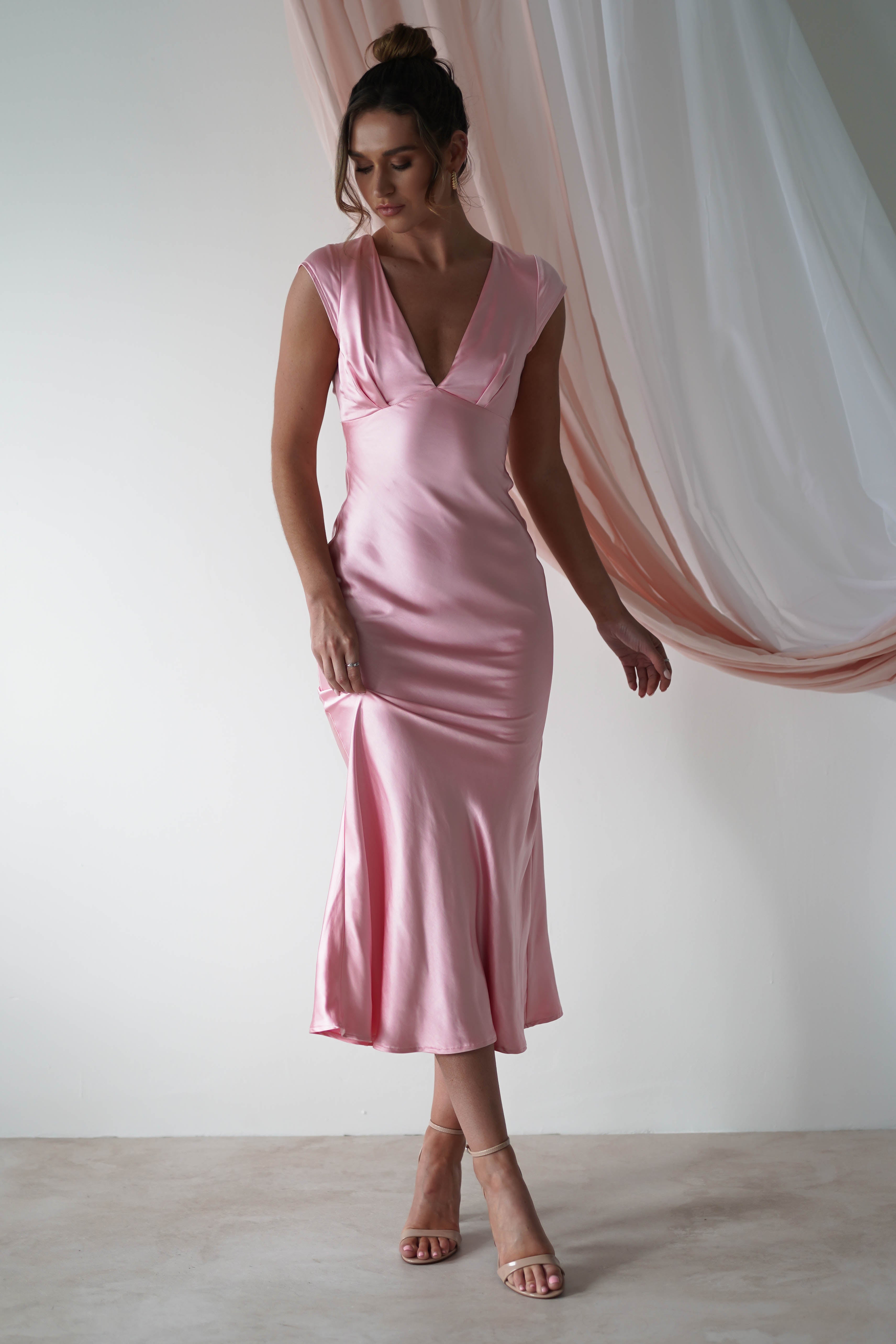 Nellie Soft Satin Midaxi Dress | Pink