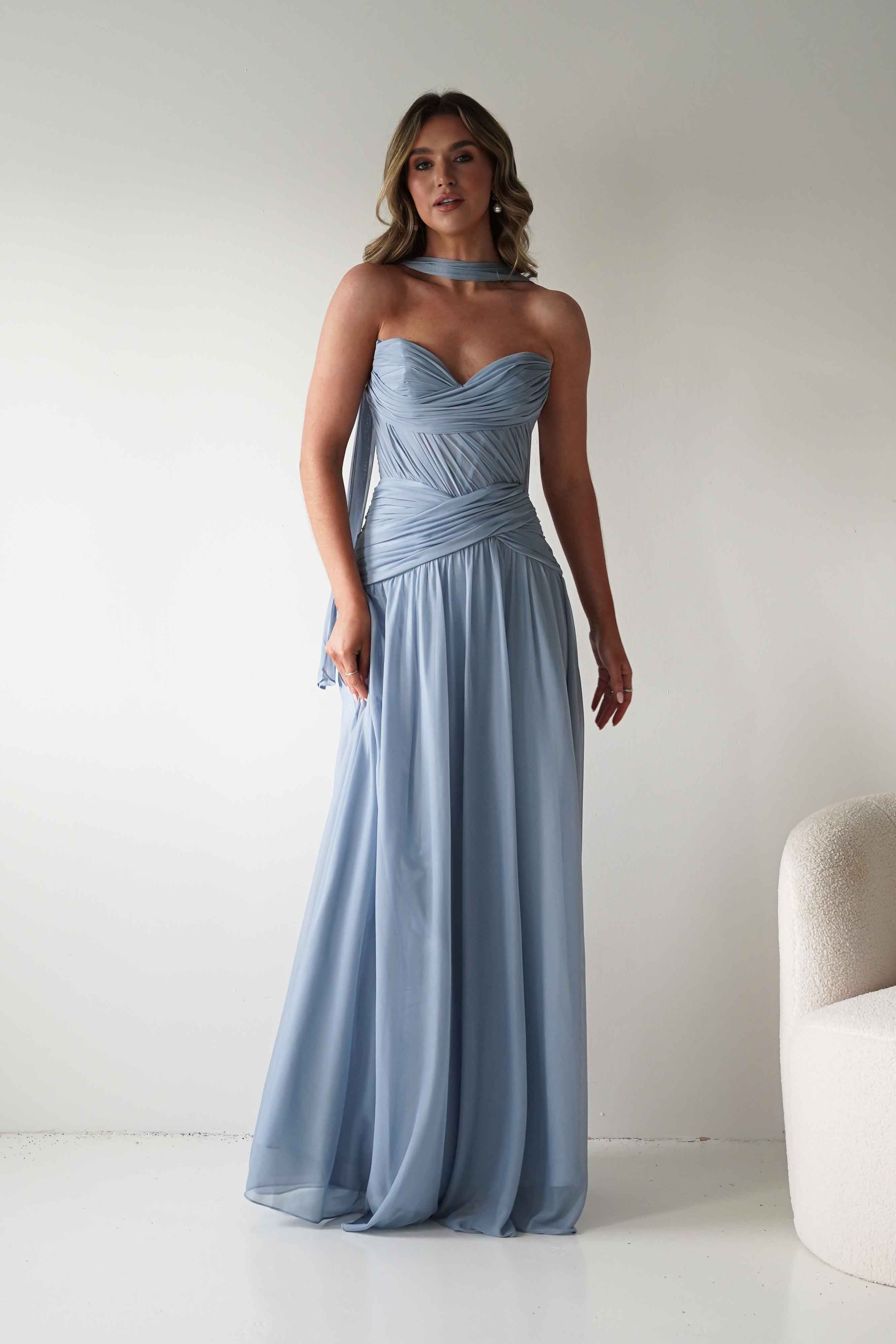 Oh Hello Clothing Women > Clothing > Dresses * DONE - Nicolette Strapless Chiffon Maxi Gown | Dusty Blue