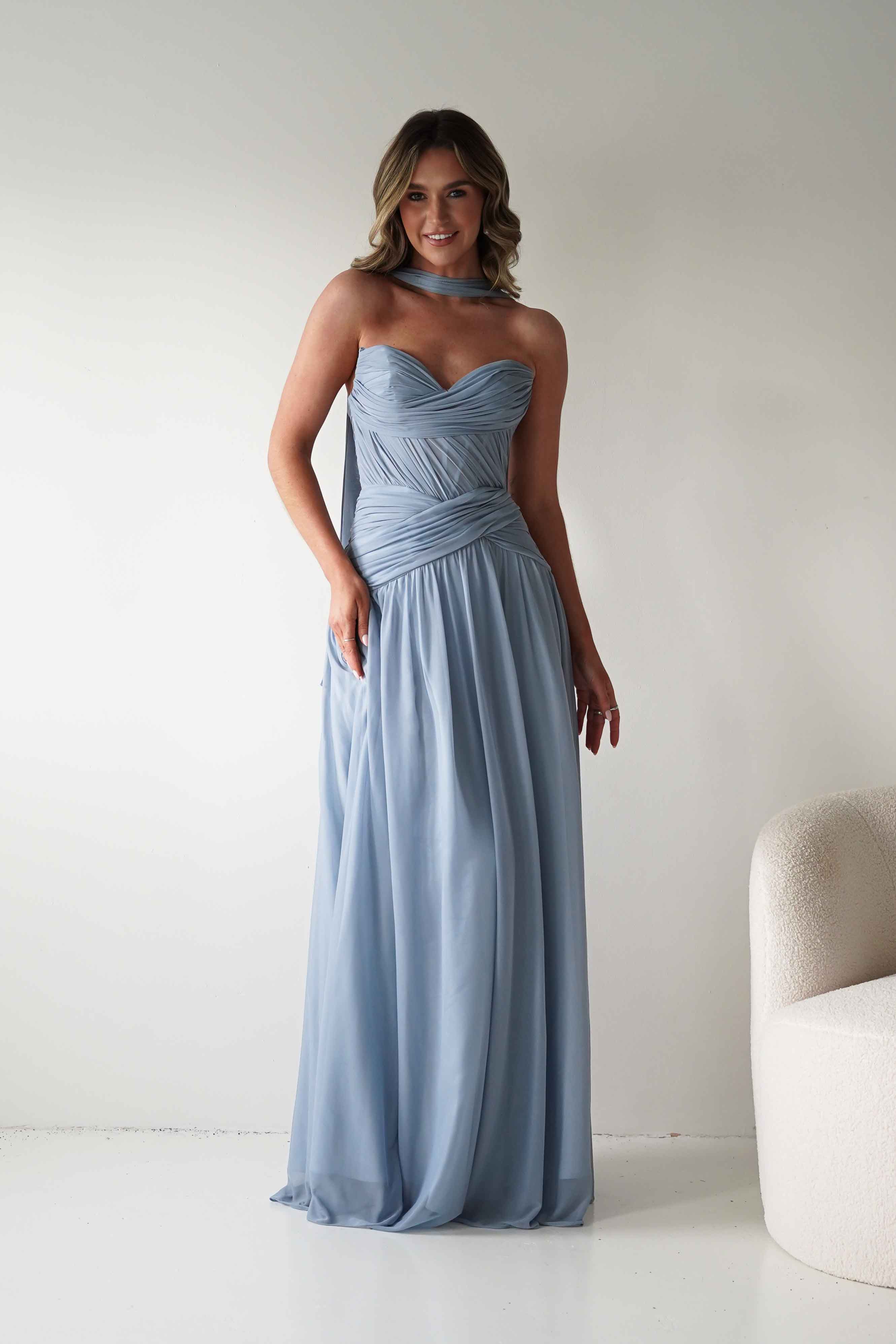 Oh Hello Clothing Women > Clothing > Dresses * DONE - Nicolette Strapless Chiffon Maxi Gown | Dusty Blue