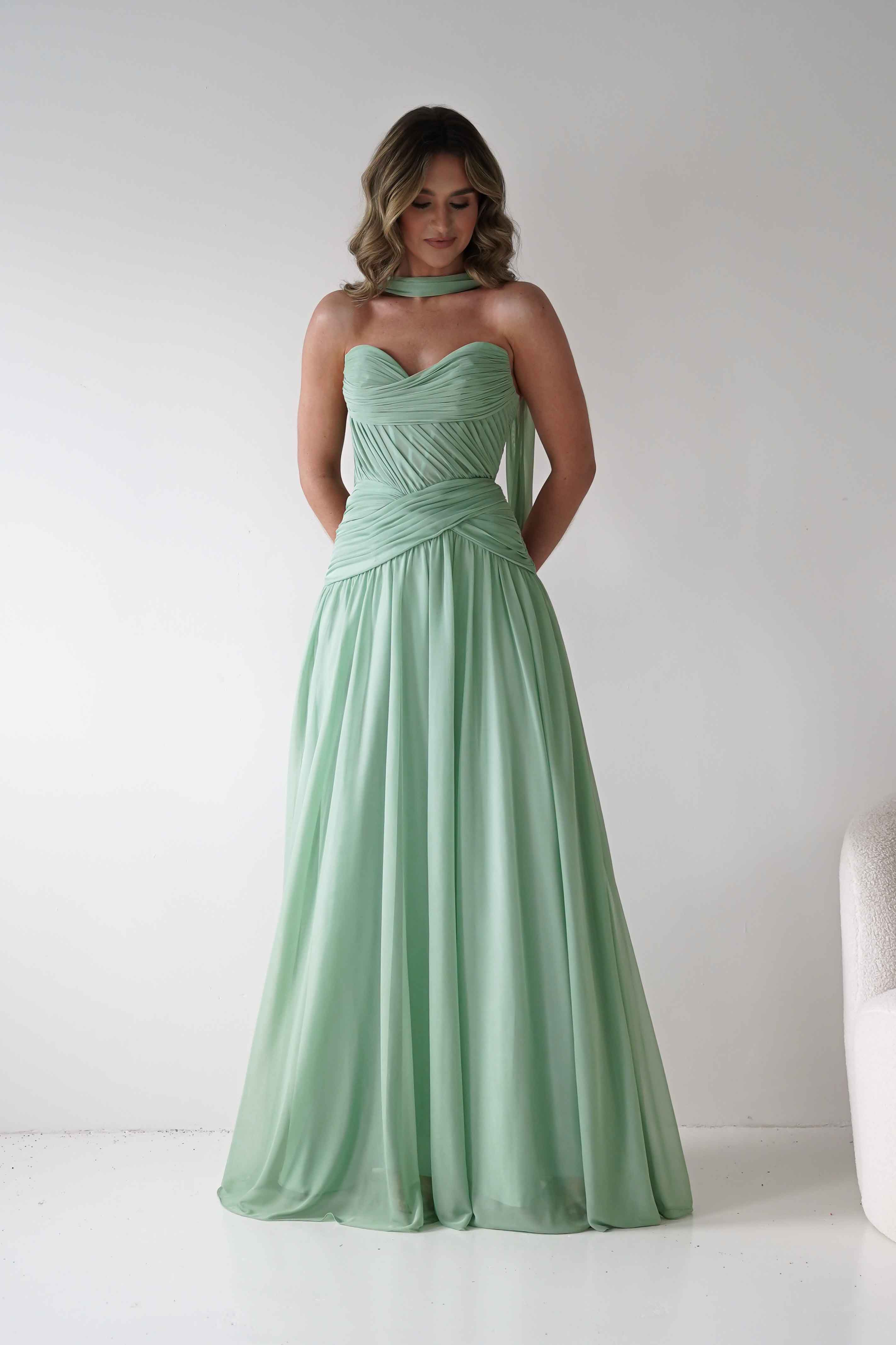 Oh Hello Clothing Women > Clothing > Dresses * DONE - Nicolette Strapless Chiffon Maxi Gown | Sage