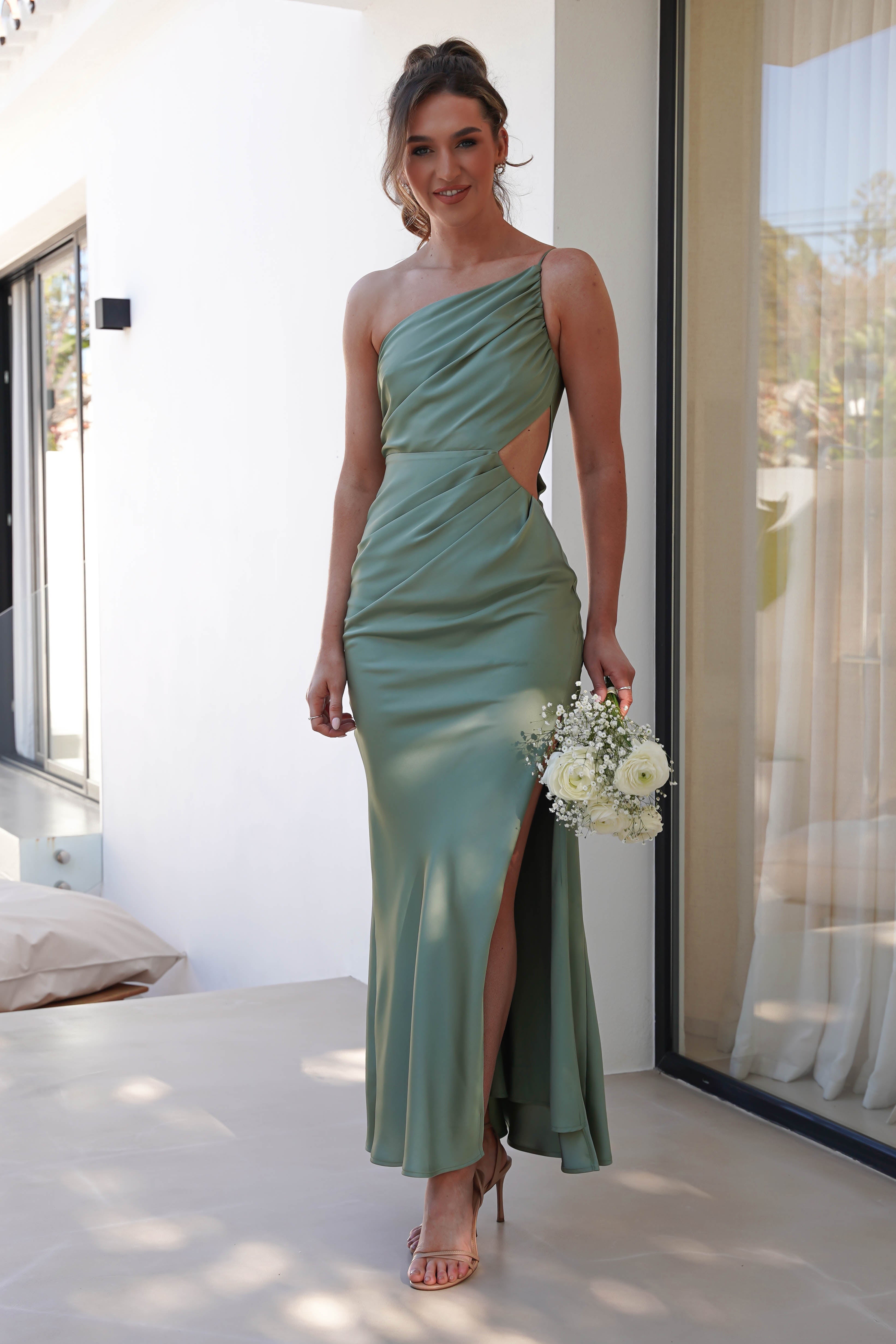 Lyra Soft Matte Satin Maxi Dress | Olive | Oh Hello Clothing | XS (6)
