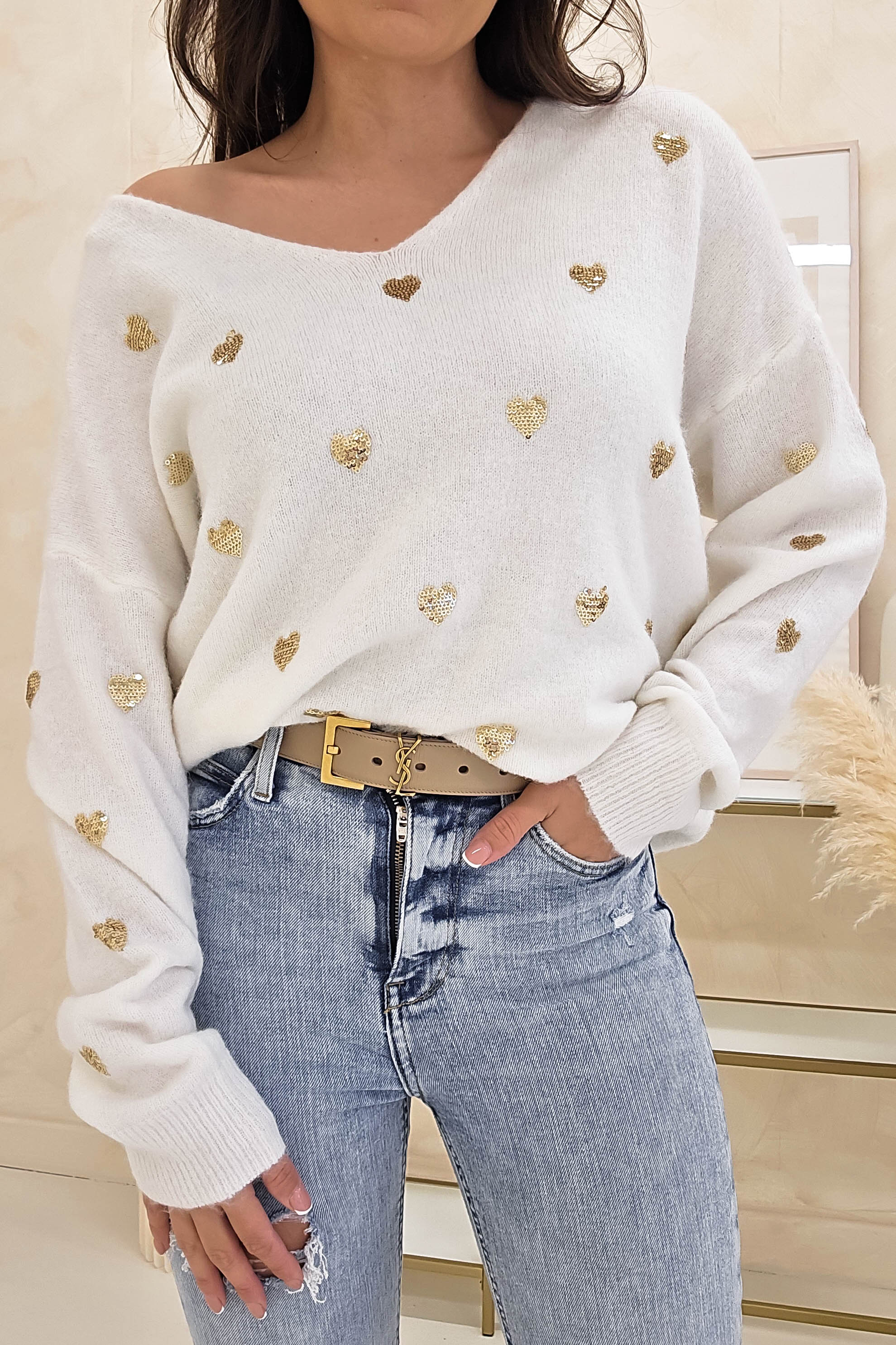 Pia Sequin Heart Detail Jumper | White