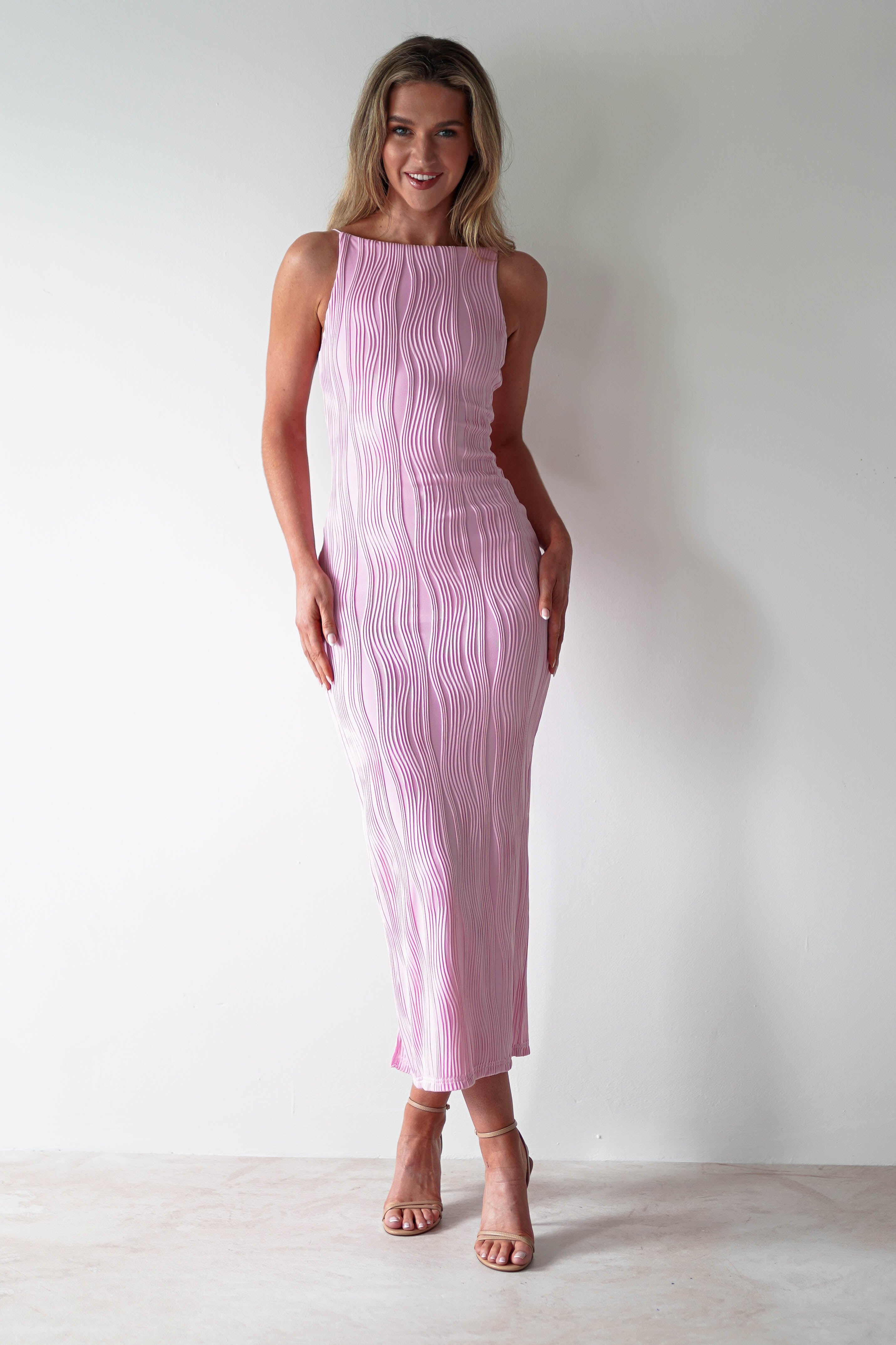 Brighton Textured Bodycon Midaxi Dress | Pink | Oh Hello Clothing | XS (6)