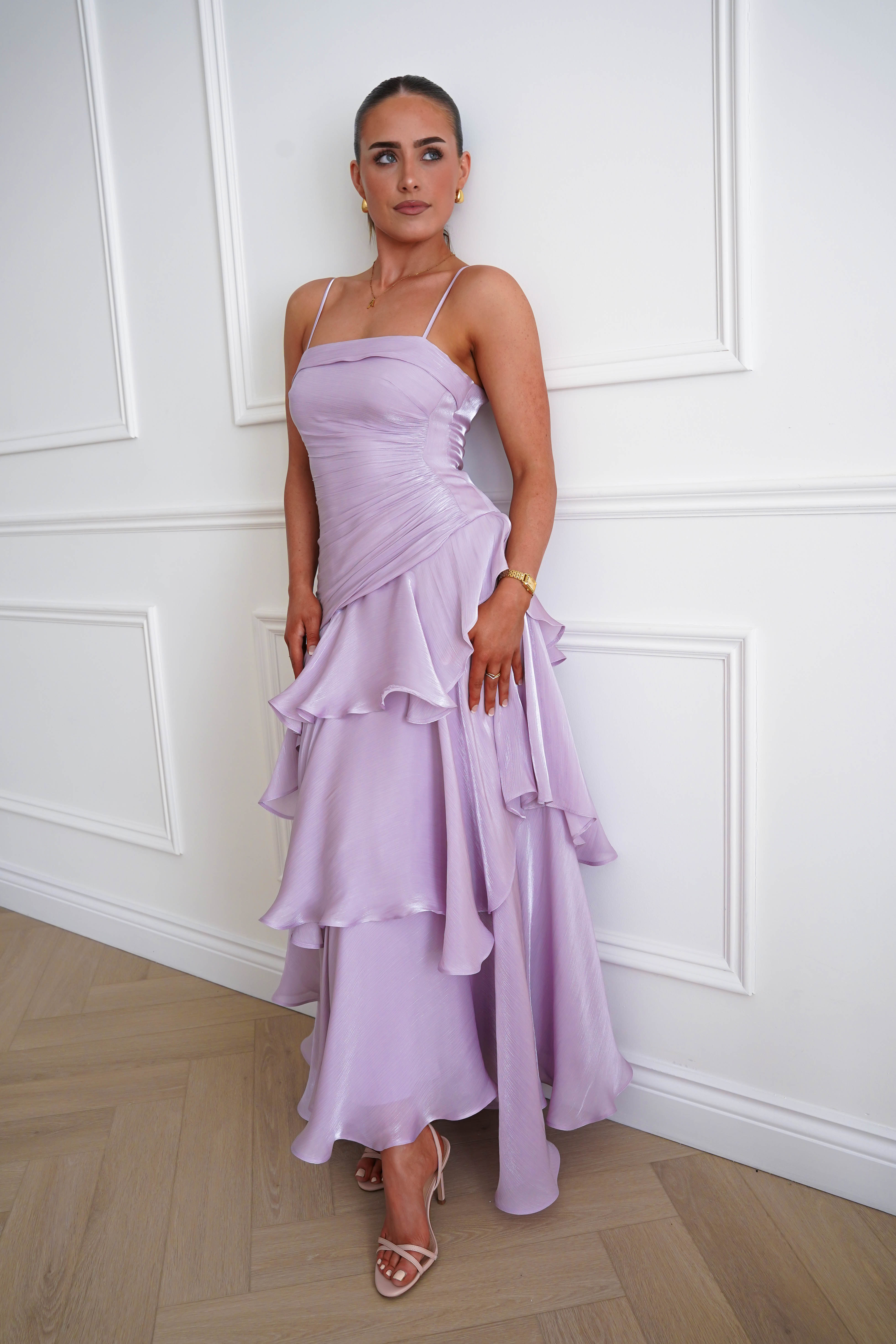 Oh Hello Clothing Women > Clothing > Dresses *DONE - Renee Luminescent Ruffle Maxi Dress | Lilac