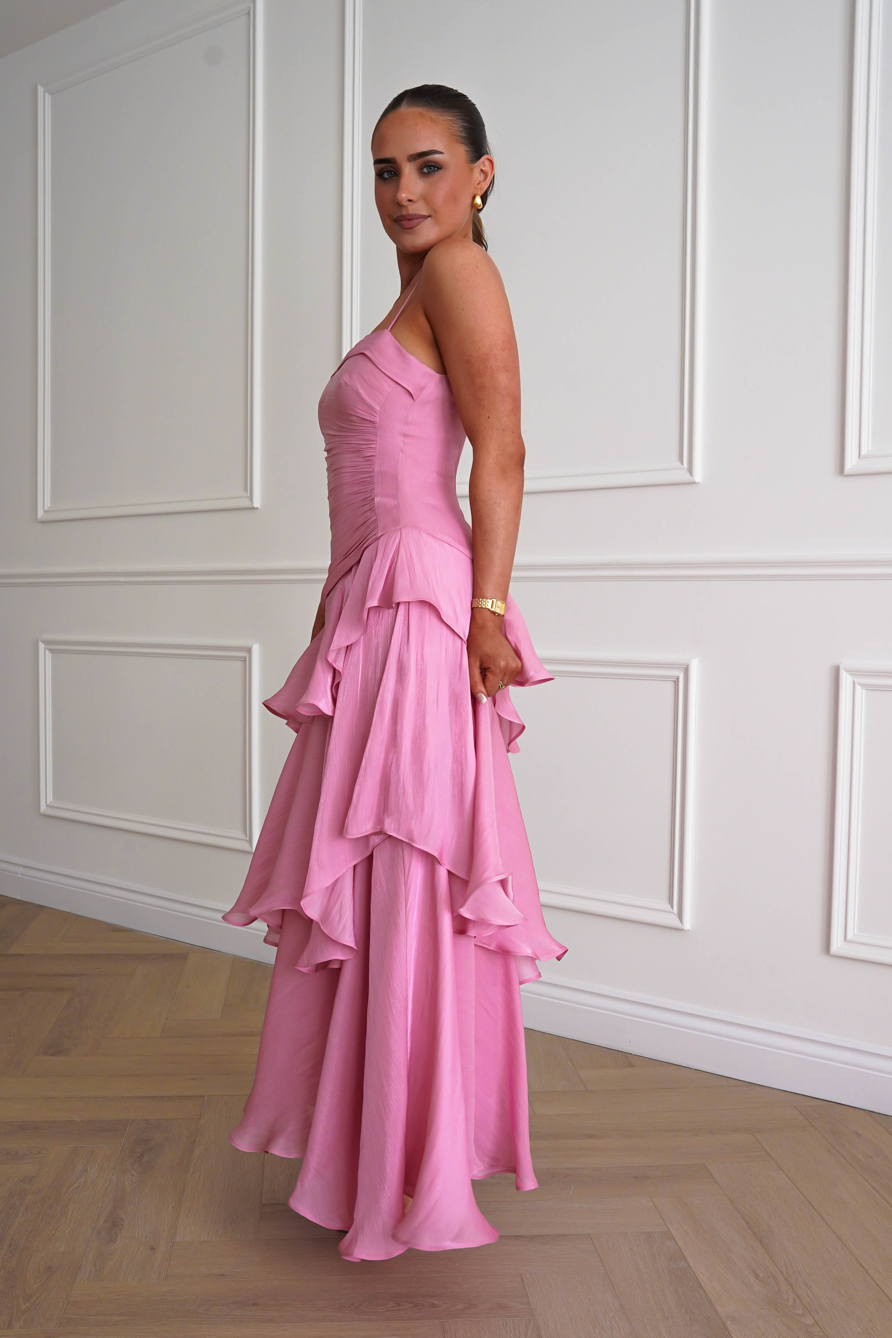 Oh Hello Clothing Women > Clothing > Dresses *DONE - Renee Luminescent Ruffle Maxi Dress | Pink