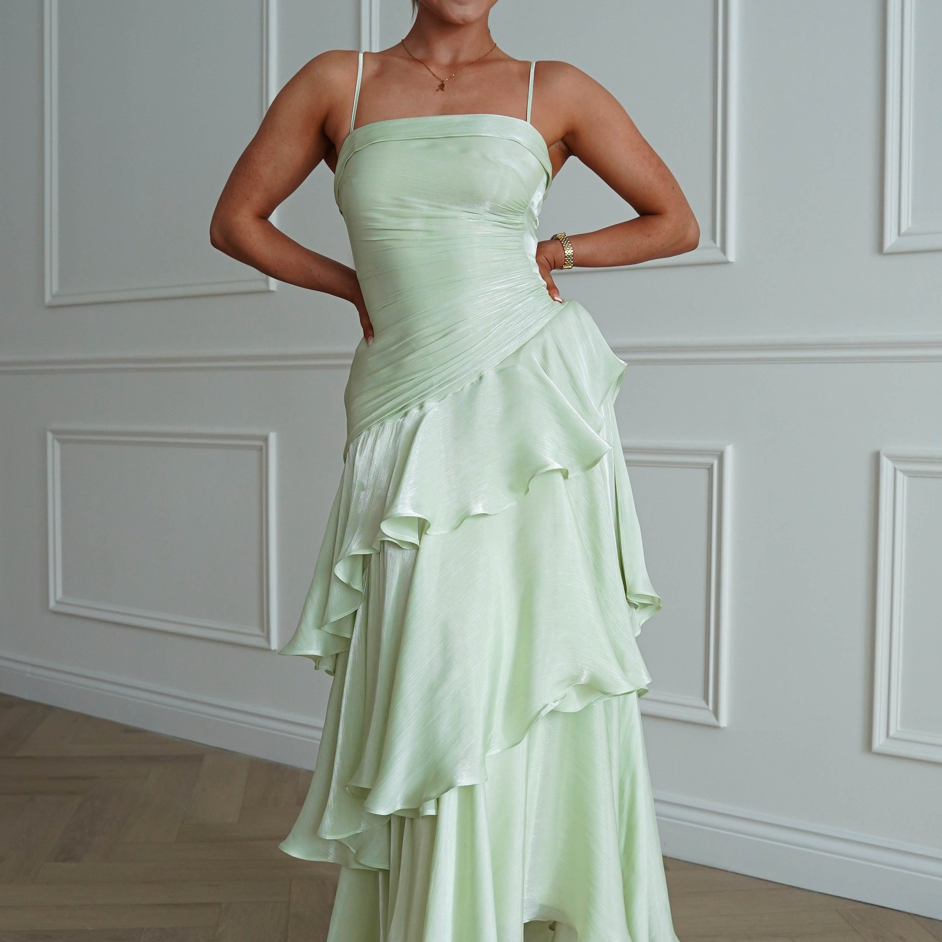 Oh Hello Clothing Women > Clothing > Dresses *DONE - Renee Luminescent Ruffle Maxi Dress | Pistachio