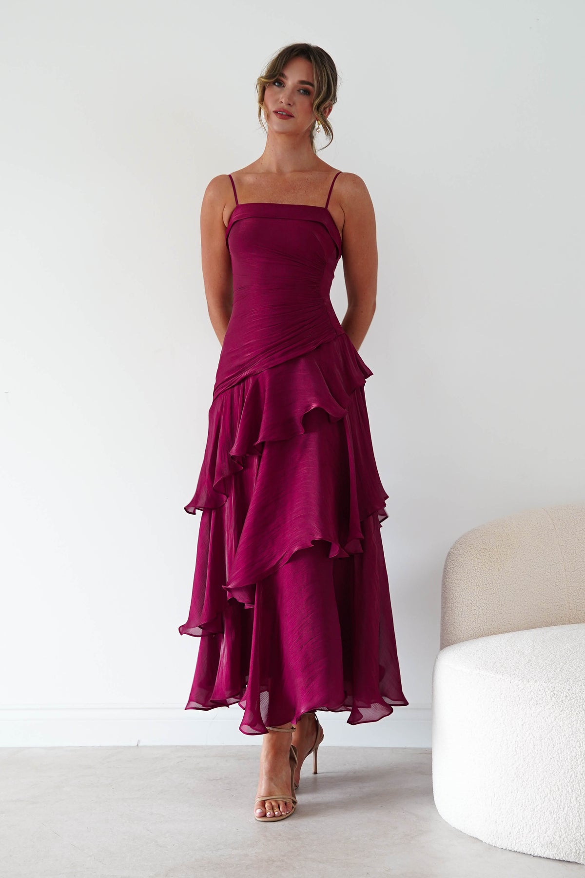 Oh Hello Clothing Women > Clothing > Dresses * DONE Renee Luminescent Ruffle Maxi Dress | Wine