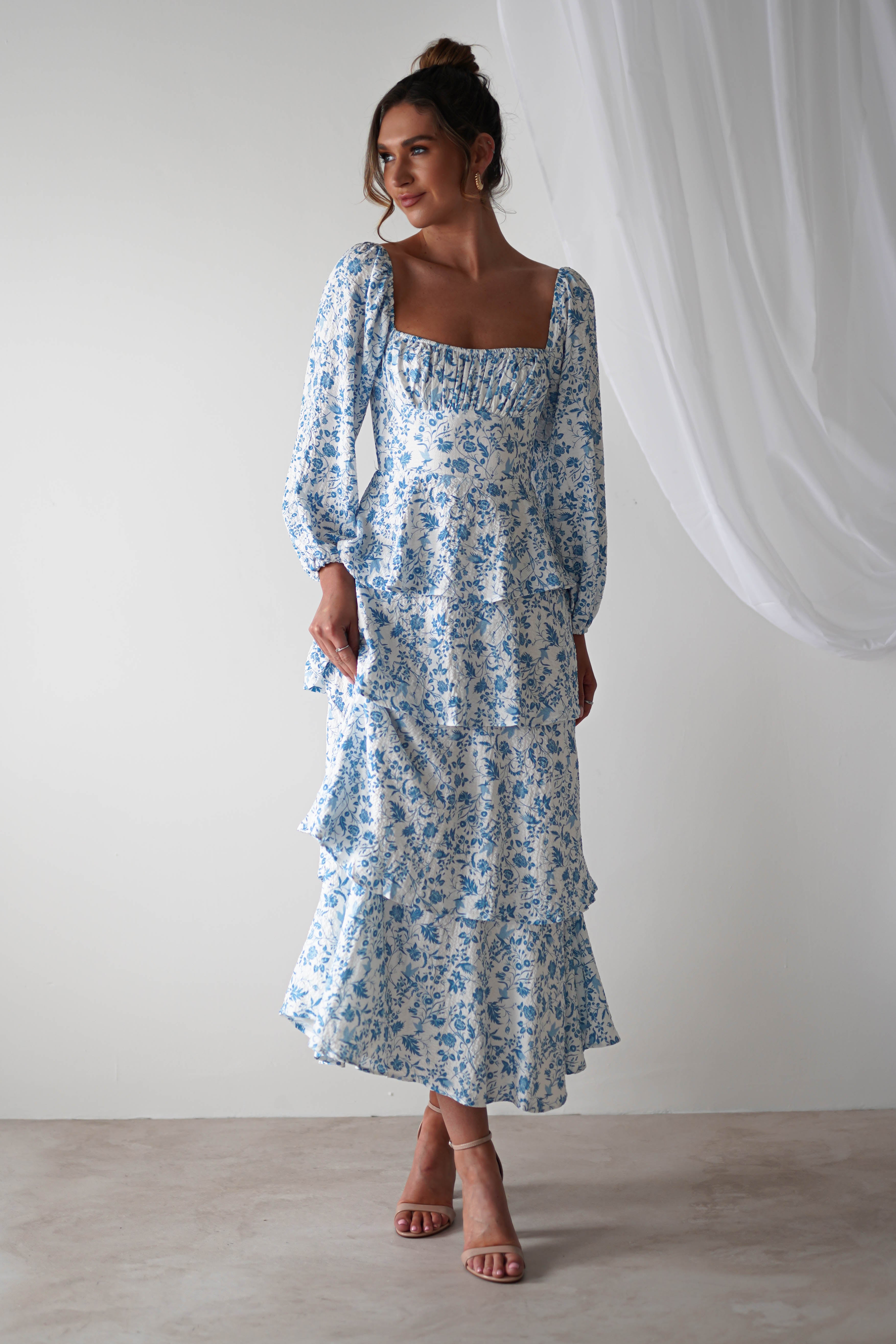 Amelie Floral Print Maxi Dress | Blue/White