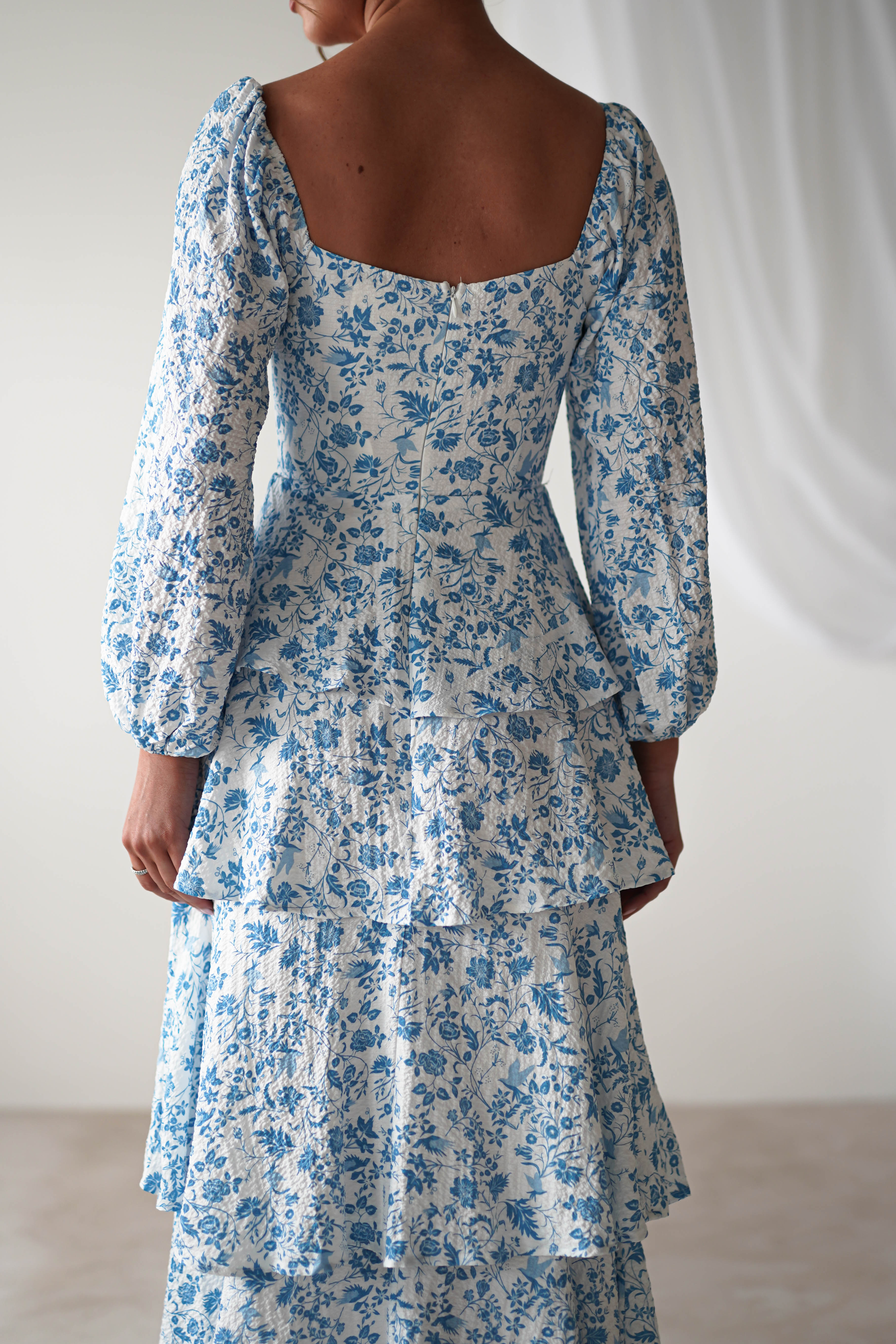 Amelie Floral Print Maxi Dress | Blue/White