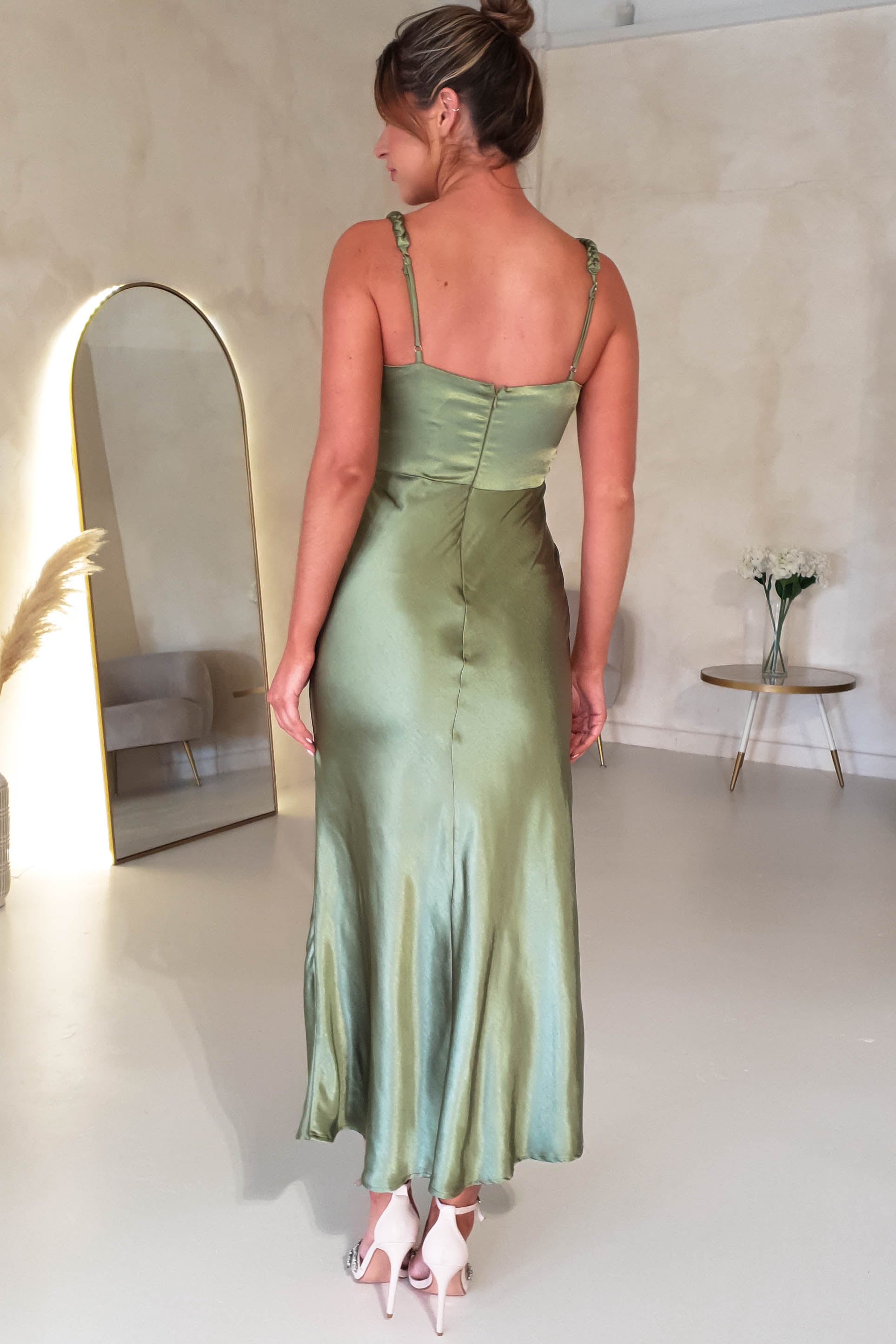 Bethanie Soft Satin Maxi Dress | Olive | Oh Hello Clothing