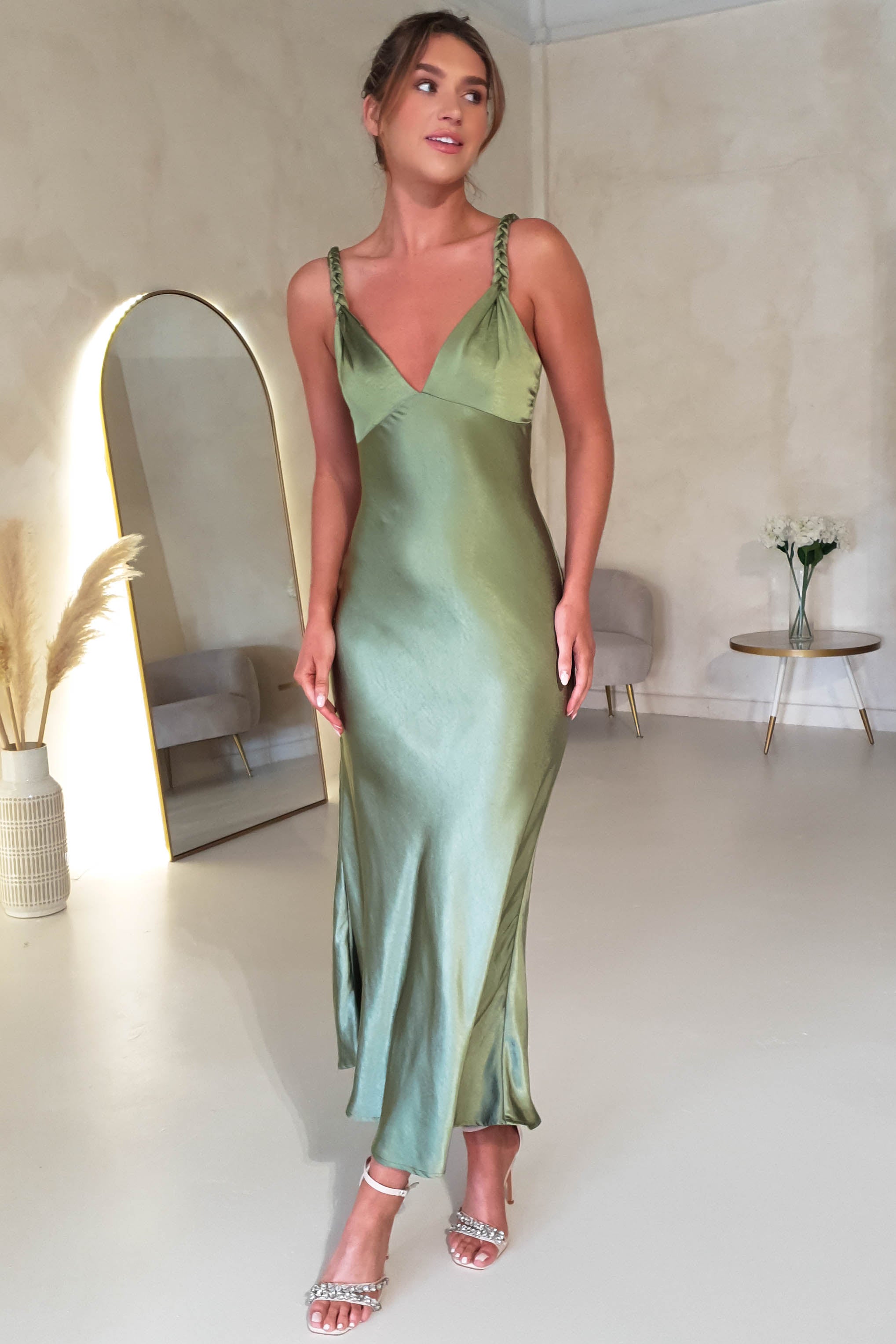 Bethanie Soft Satin Maxi Dress | Olive | Oh Hello Clothing