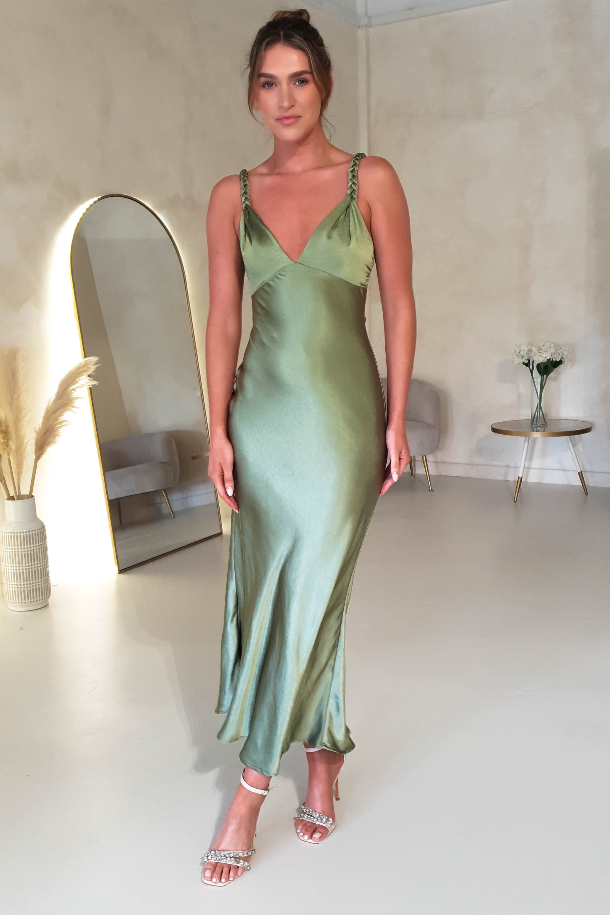 Bethanie Soft Satin Maxi Dress | Olive | Oh Hello Clothing