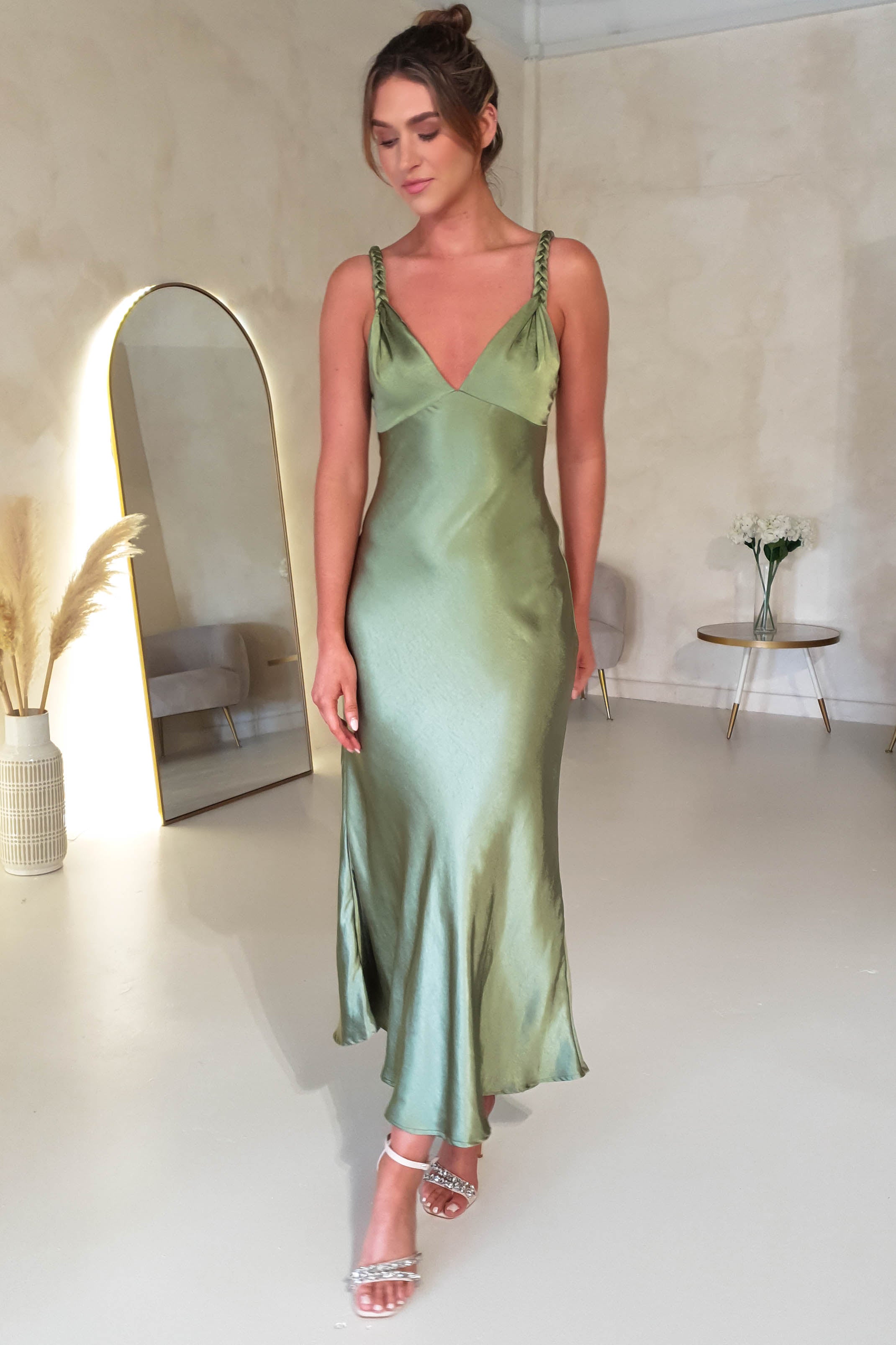 Bethanie Soft Satin Maxi Dress | Olive | Oh Hello Clothing
