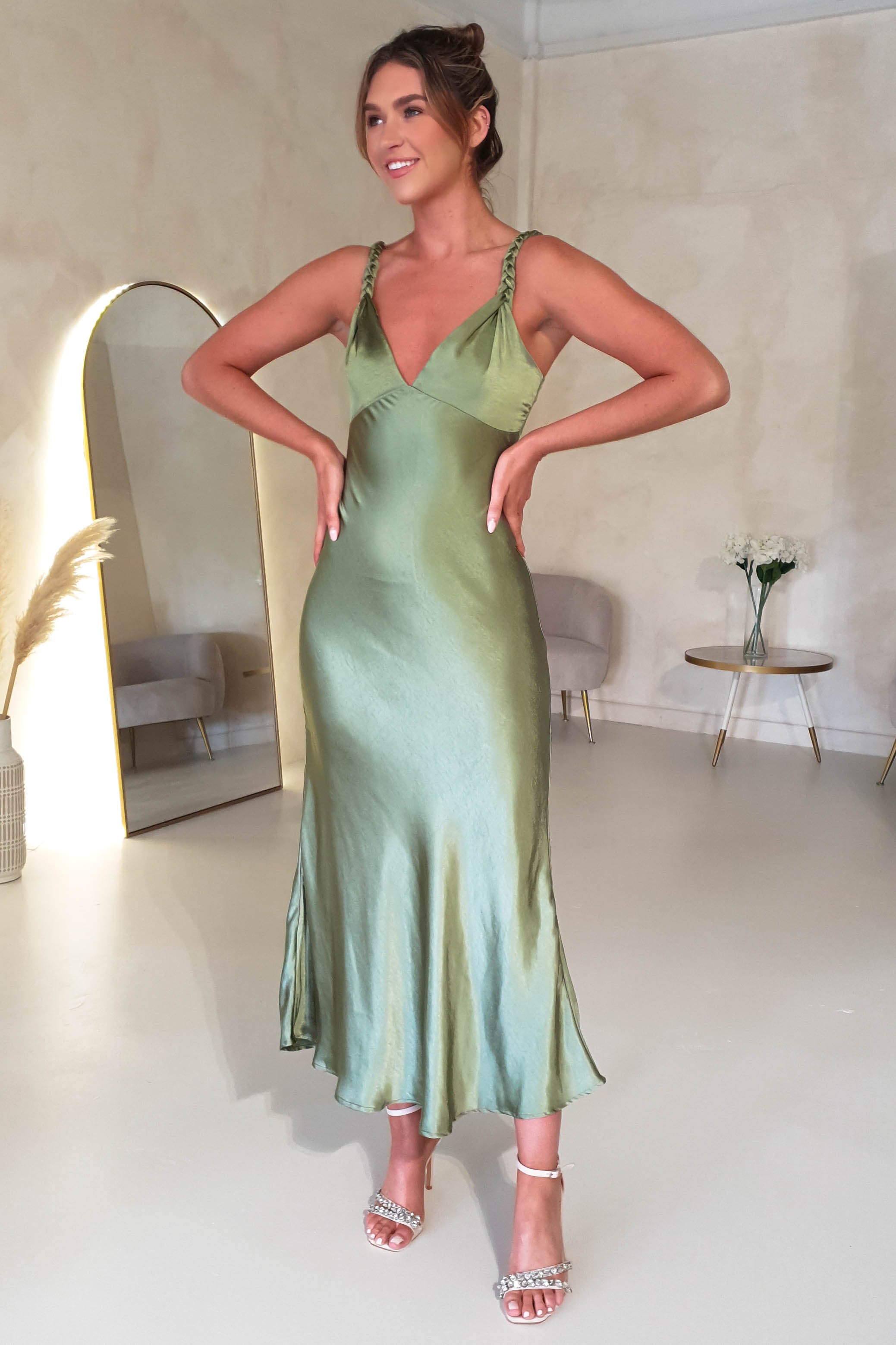 Bethanie Soft Satin Maxi Dress | Olive | Oh Hello Clothing