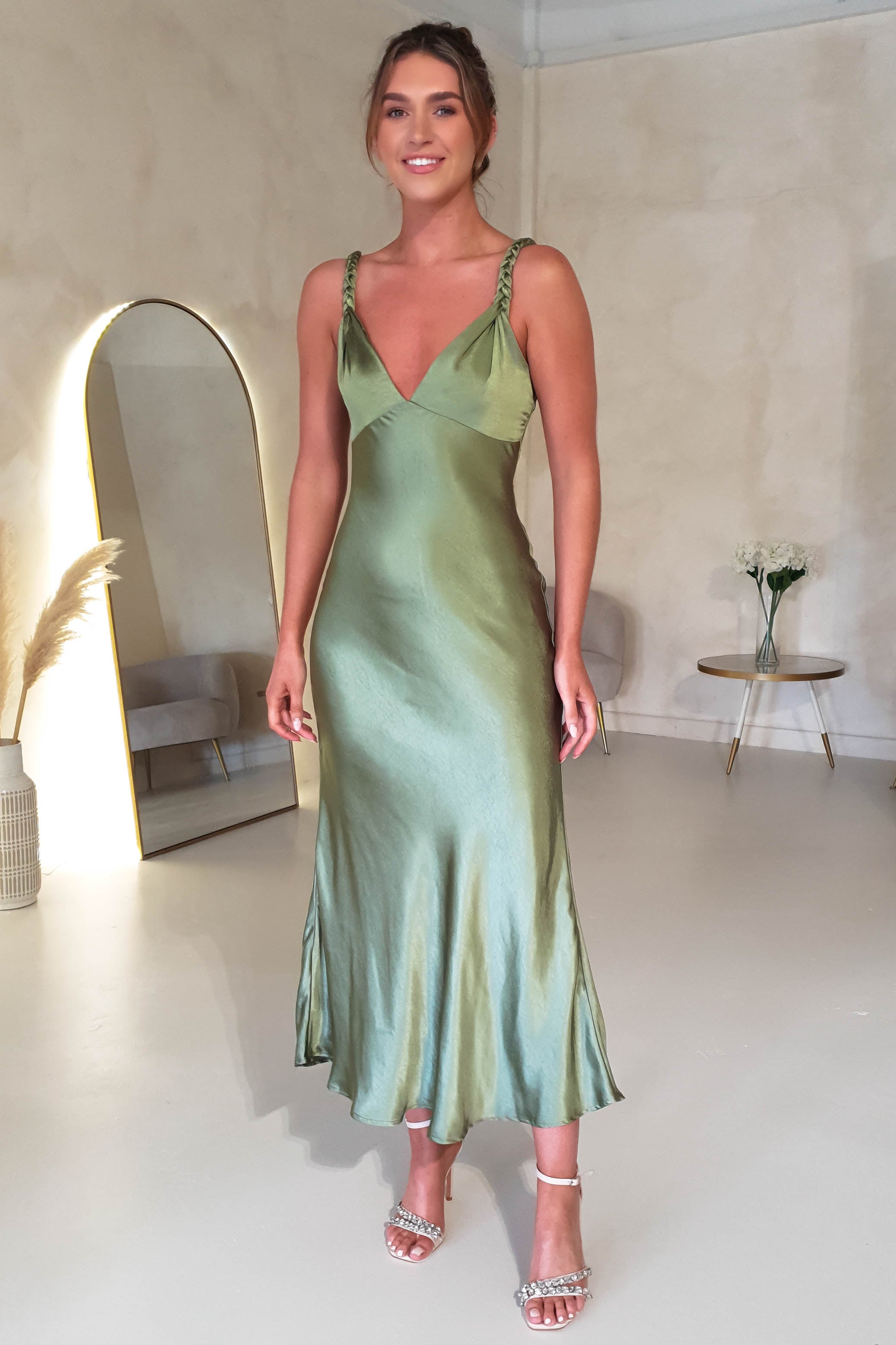 Bethanie Soft Satin Maxi Dress | Olive | Oh Hello Clothing