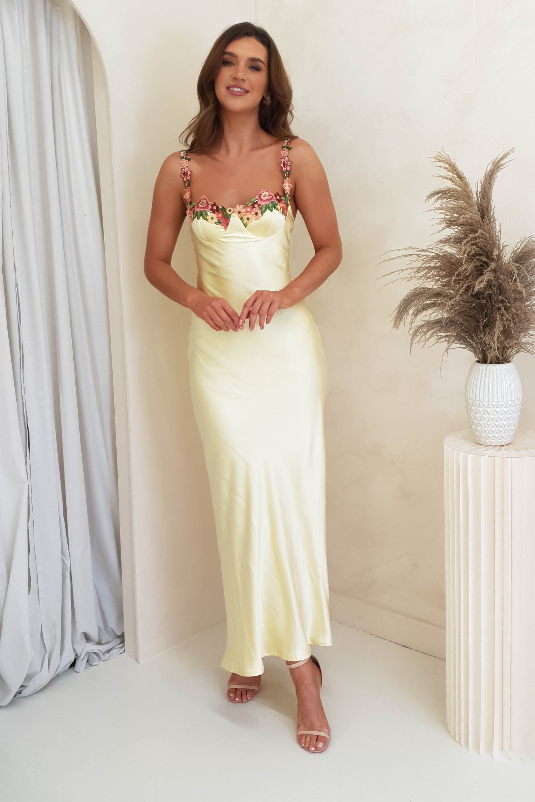 Klabelle Satin Maxi Dress | Butter Yellow