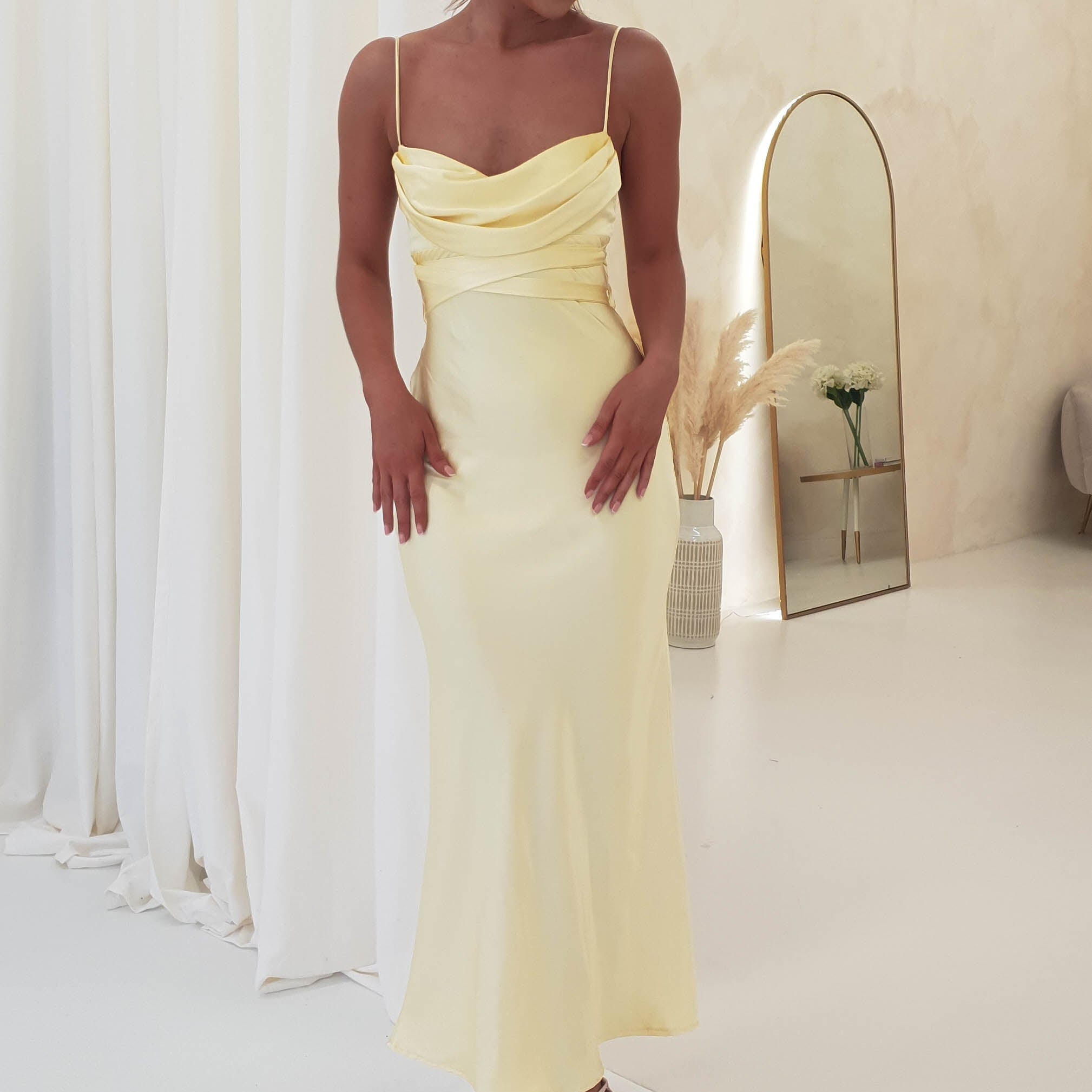Everleigh Soft Satin Midi Dress | Butter Yellow | Wedding Guest Dress | Oh Hello Clothing