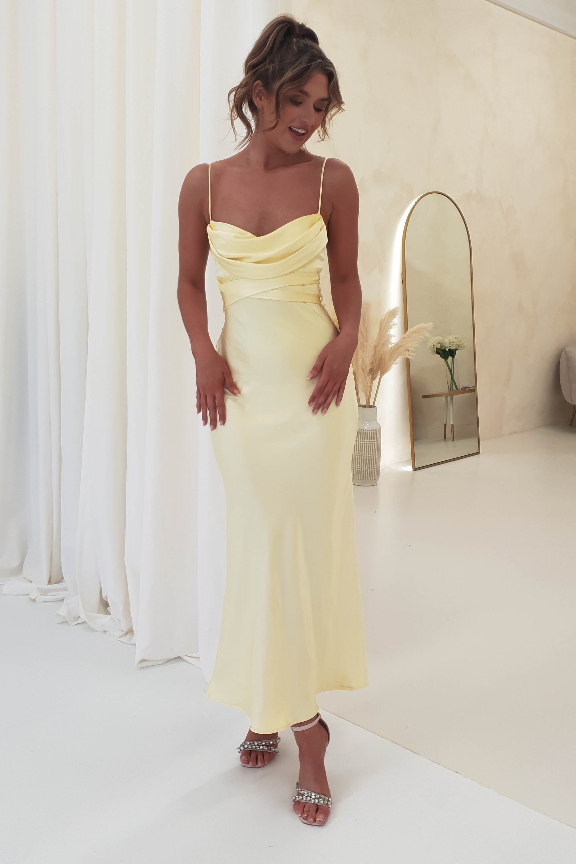 Everleigh Soft Satin Midi Dress | Butter Yellow | Oh Hello Clothing | XS (6)