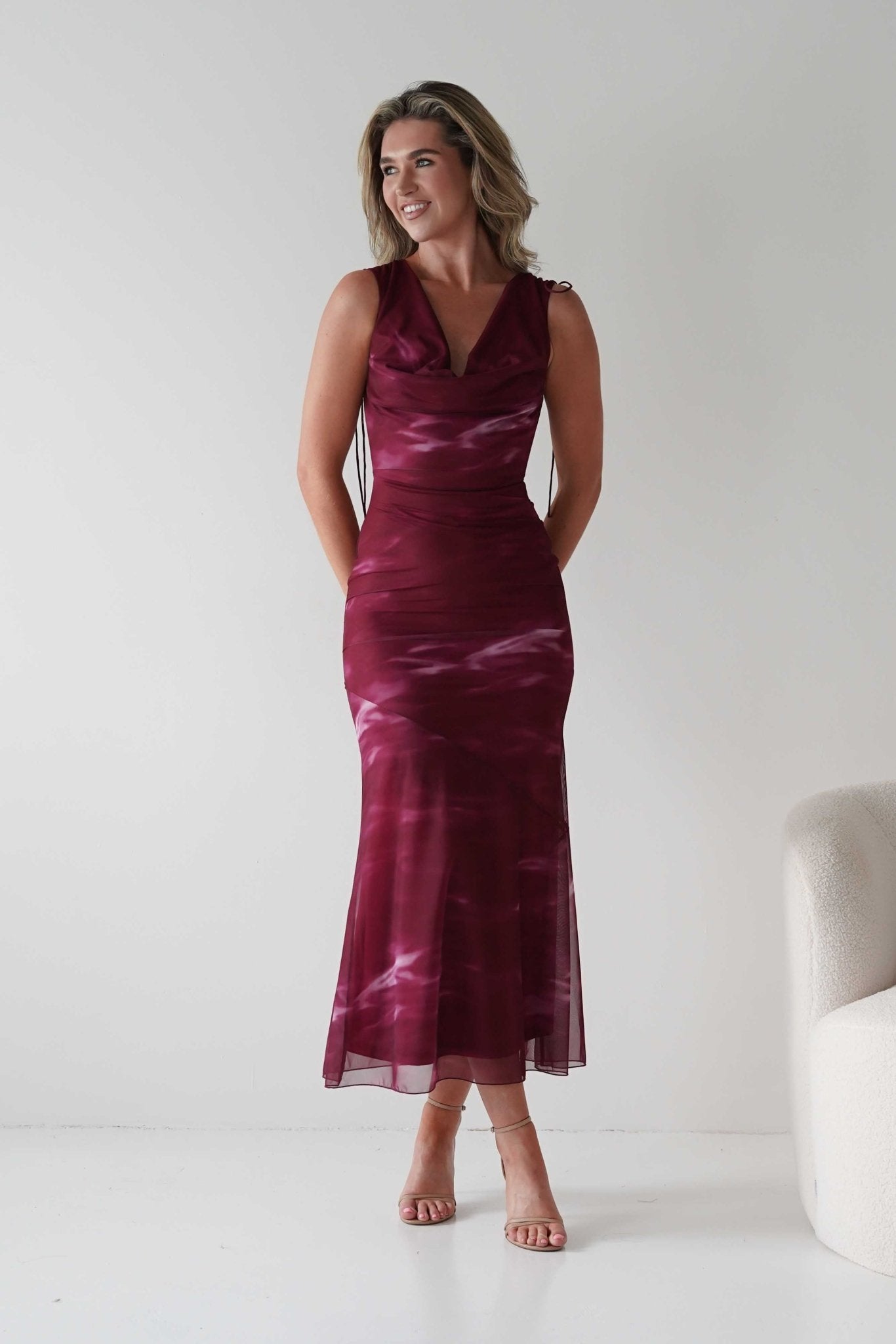 Drew Mesh Printed Maxi Dress | Wine Print | Oh Hello Clothing | XS (6)