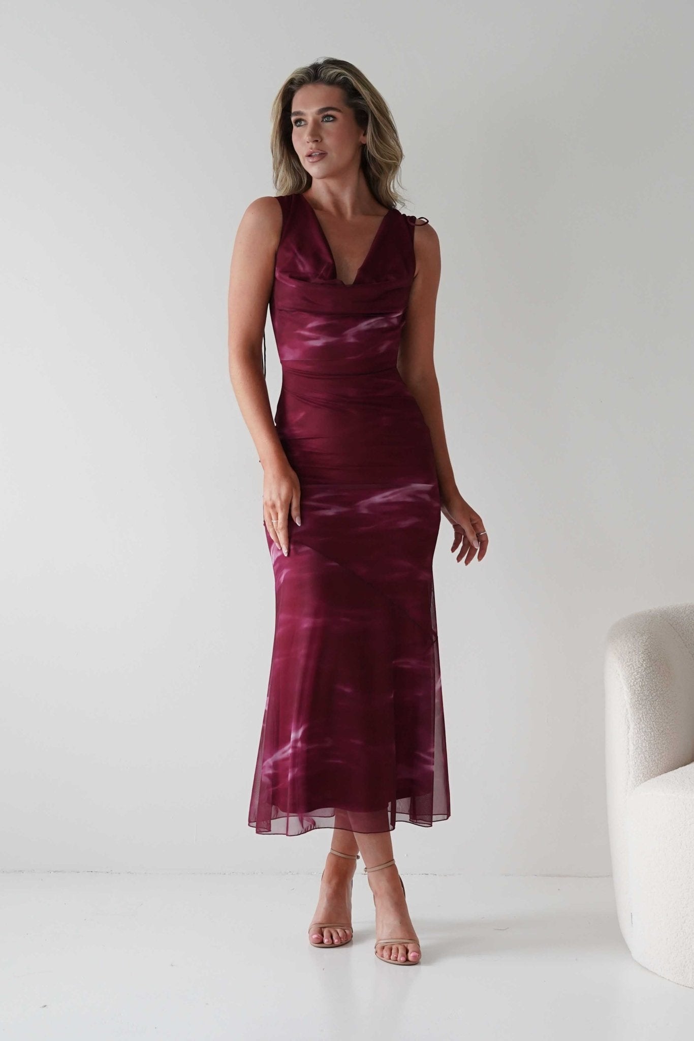 Drew Mesh Printed Maxi Dress | Wine Print | Oh Hello Clothing | XS (6)