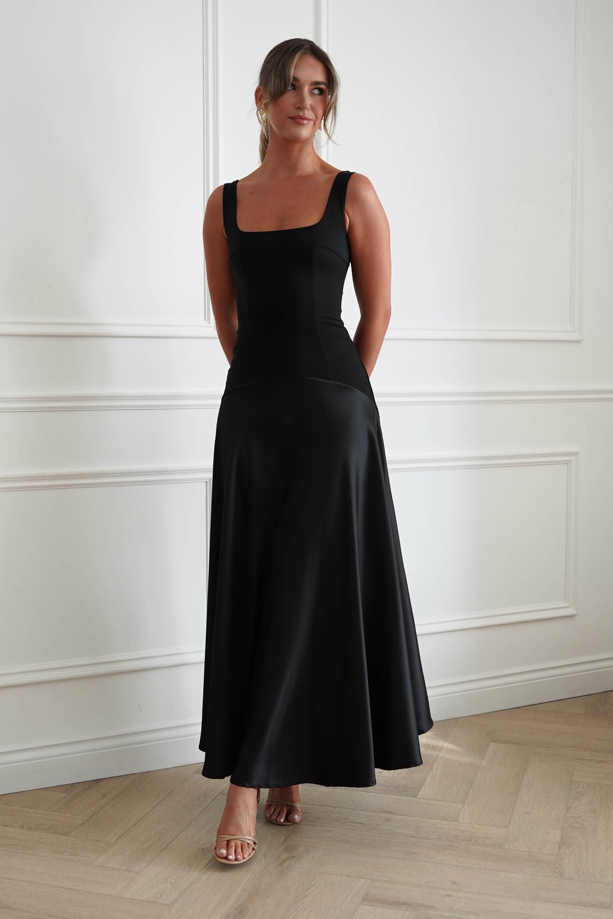 Oh Hello Clothing Dresses > Prom Dresses Elena Square Neck Soft Satin Maxi Dress | Black