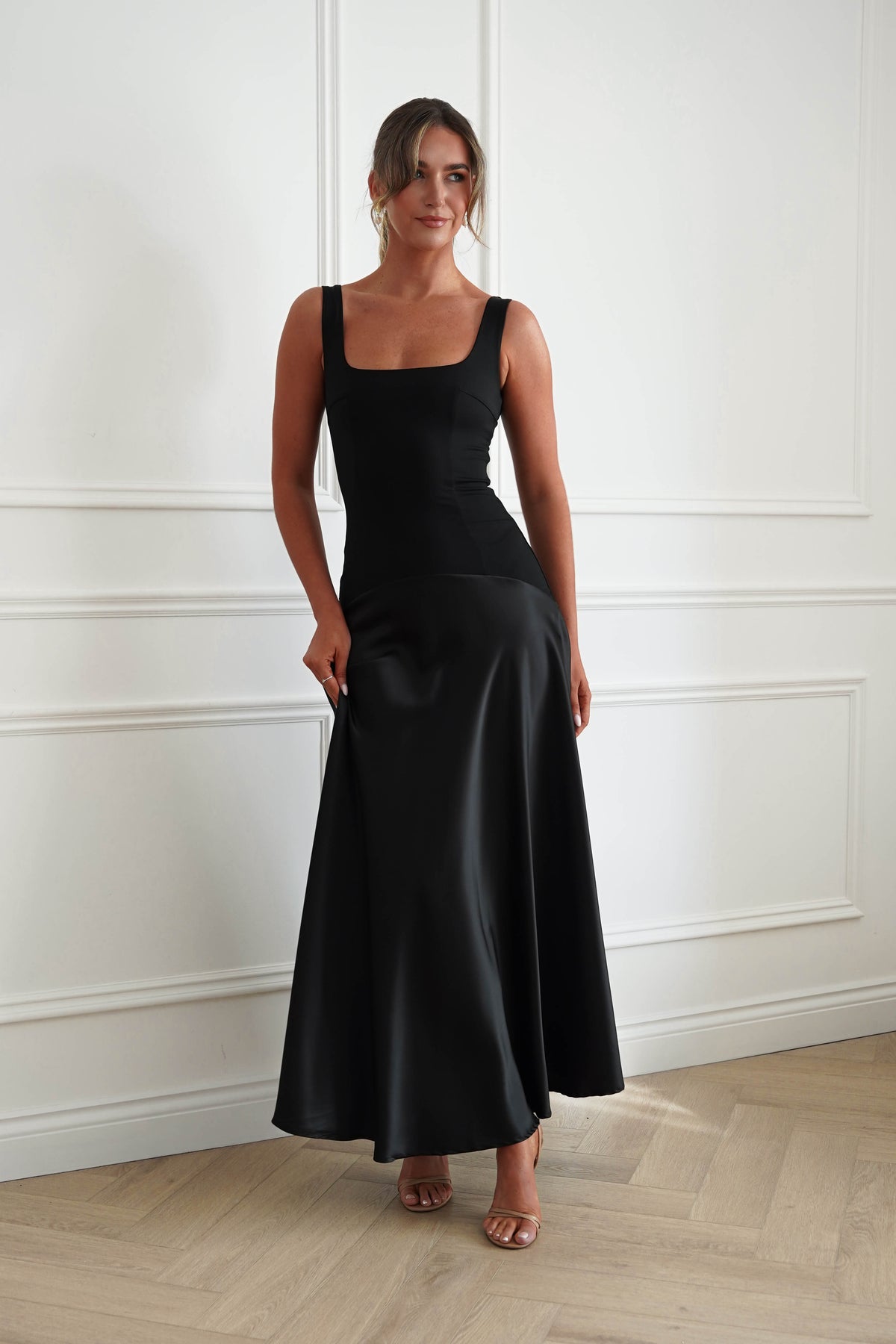 Oh Hello Clothing Dresses > Prom Dresses Elena Square Neck Soft Satin Maxi Dress | Black
