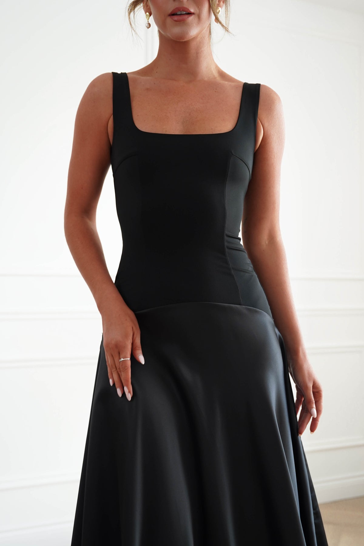 Oh Hello Clothing Dresses > Prom Dresses Elena Square Neck Soft Satin Maxi Dress | Black