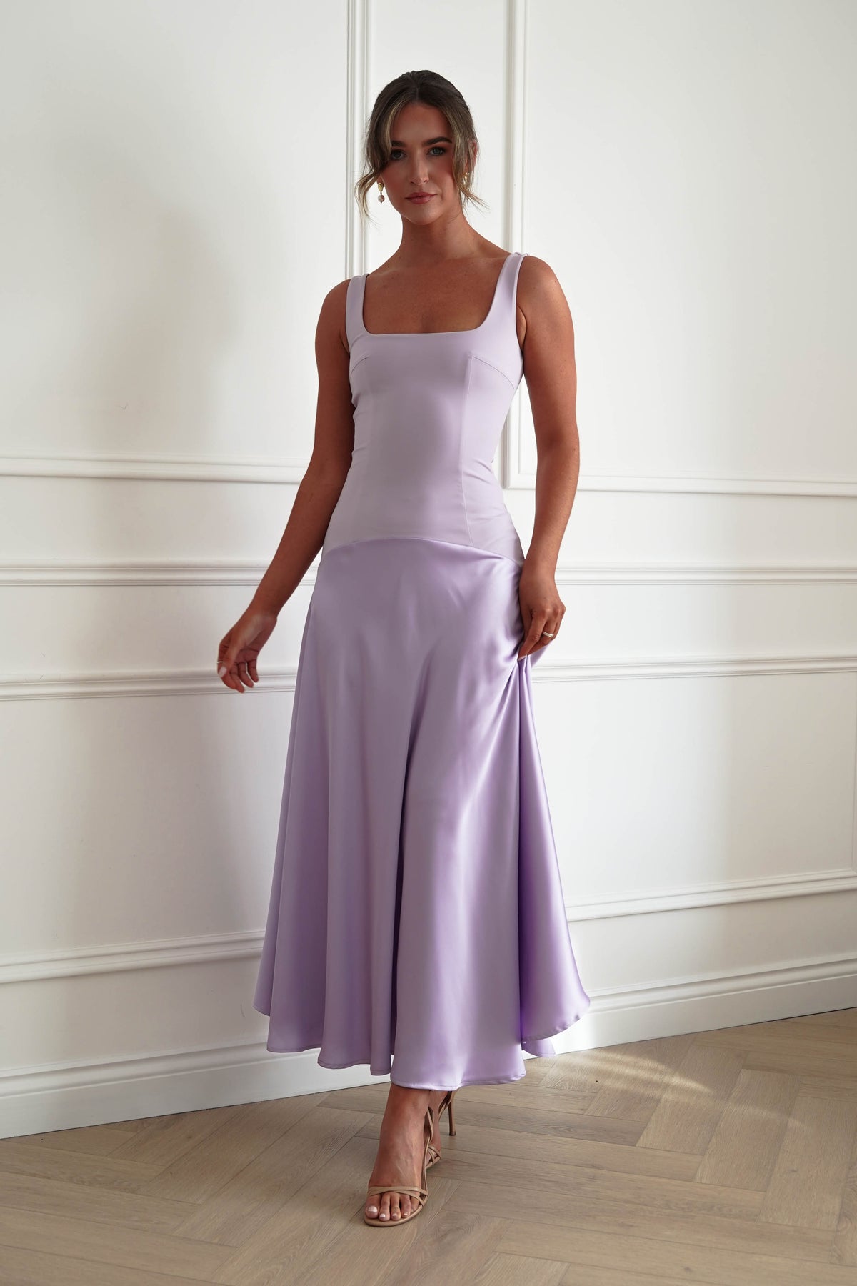 Oh Hello Clothing Dresses > Prom Dresses Elena Square Neck Soft Satin Maxi Dress | Lilac