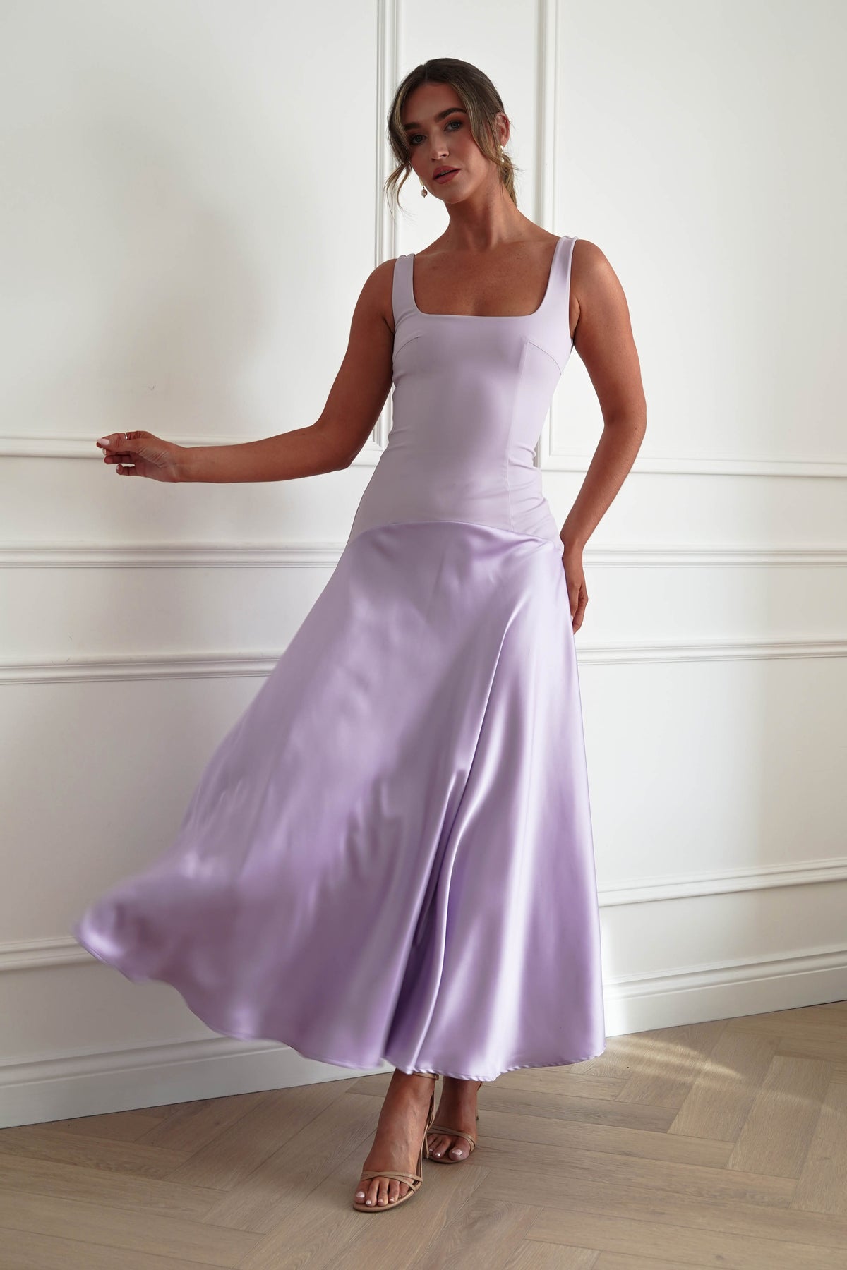 Oh Hello Clothing Dresses > Prom Dresses Elena Square Neck Soft Satin Maxi Dress | Lilac