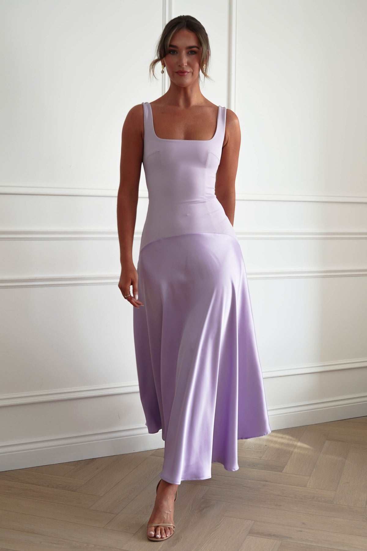 Oh Hello Clothing Dresses > Prom Dresses Elena Square Neck Soft Satin Maxi Dress | Lilac