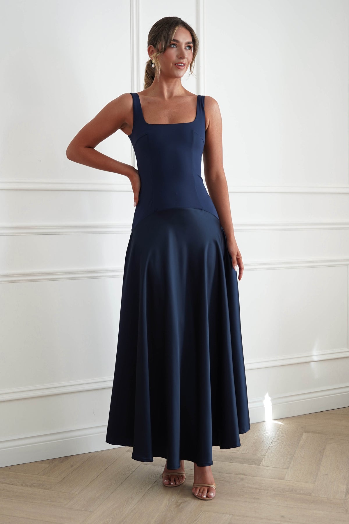 Oh Hello Clothing Dresses > Prom Dresses Elena Square Neck Soft Satin Maxi Dress | Navy