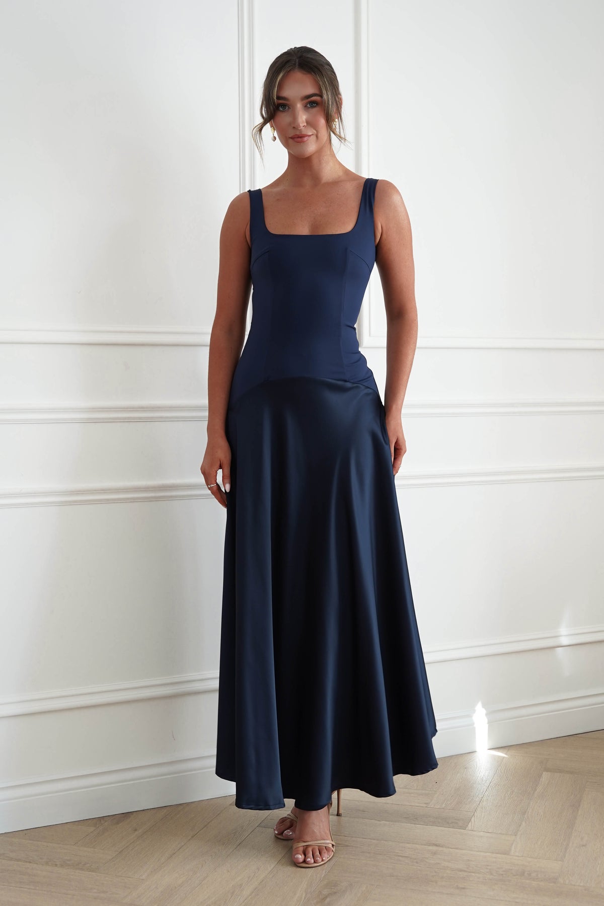 Oh Hello Clothing Dresses > Prom Dresses Elena Square Neck Soft Satin Maxi Dress | Navy