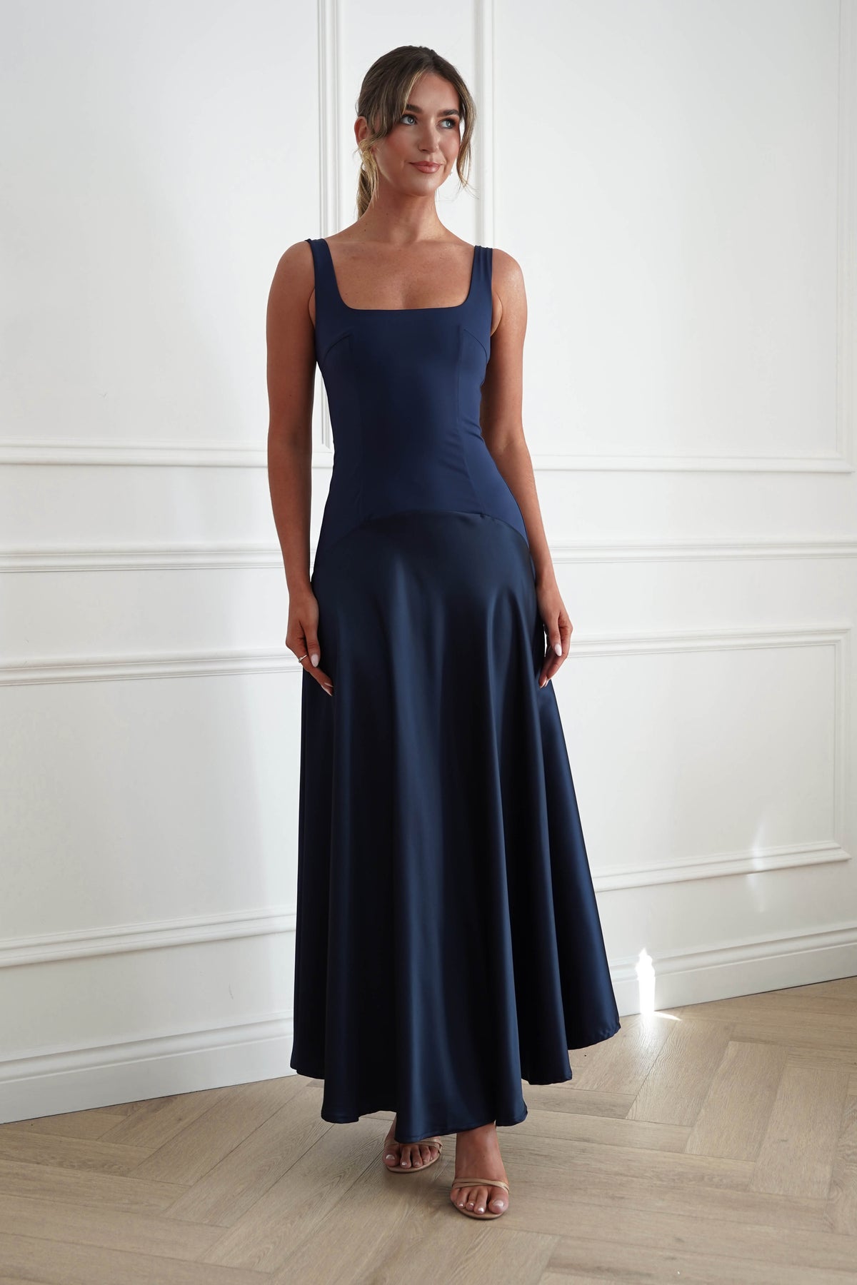 Oh Hello Clothing Dresses > Prom Dresses Elena Square Neck Soft Satin Maxi Dress | Navy