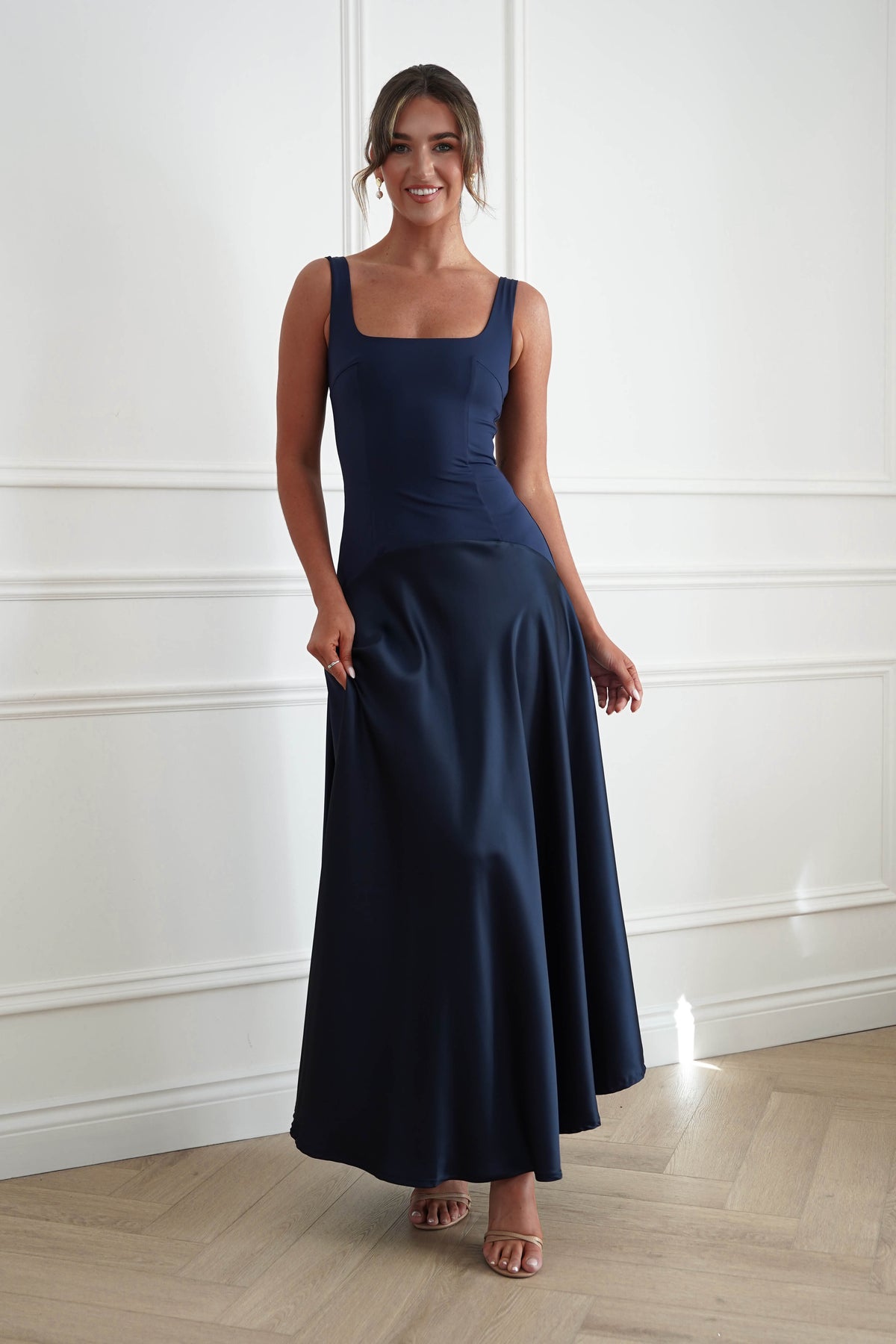 Oh Hello Clothing Dresses > Prom Dresses Elena Square Neck Soft Satin Maxi Dress | Navy