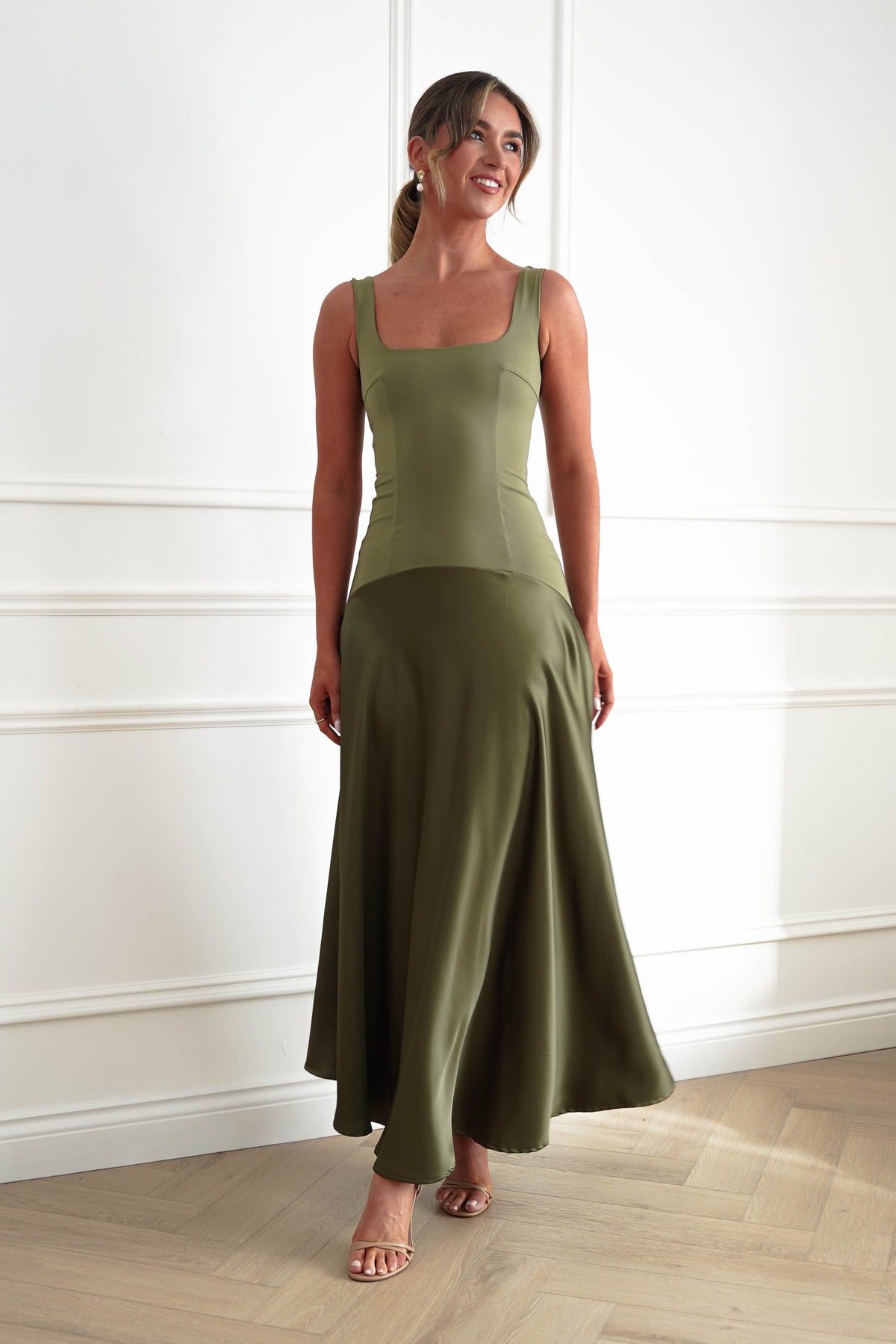 Oh Hello Clothing Dresses > Prom Dresses Elena Square Neck Soft Satin Maxi Dress | Olive