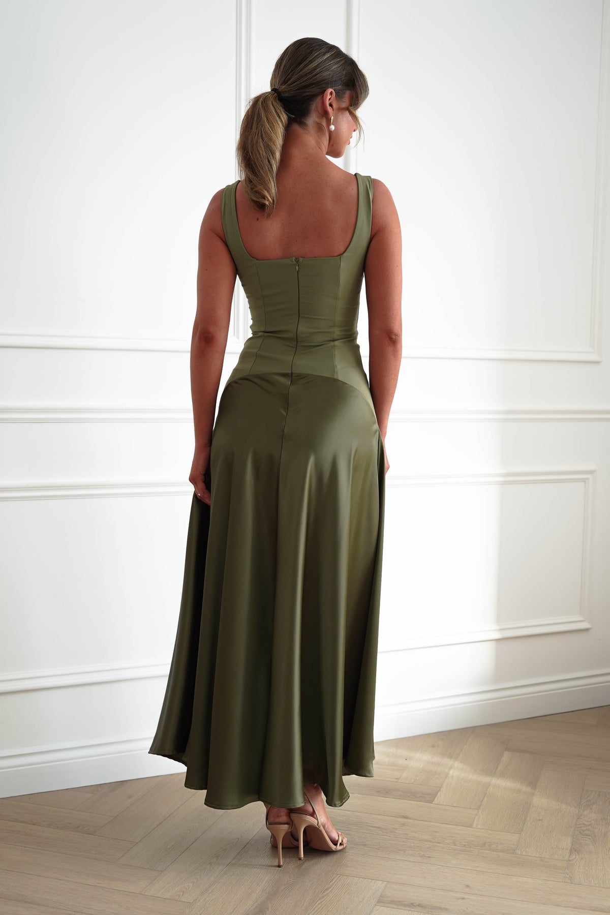 Oh Hello Clothing Dresses > Prom Dresses Elena Square Neck Soft Satin Maxi Dress | Olive