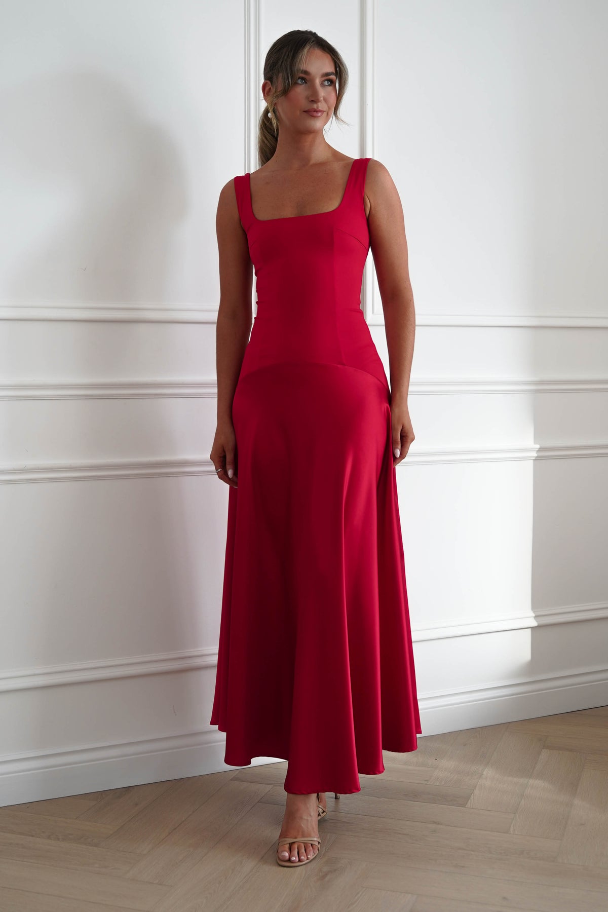 Oh Hello Clothing Dresses > Prom Dresses Elena Square Neck Soft Satin Maxi Dress | Red