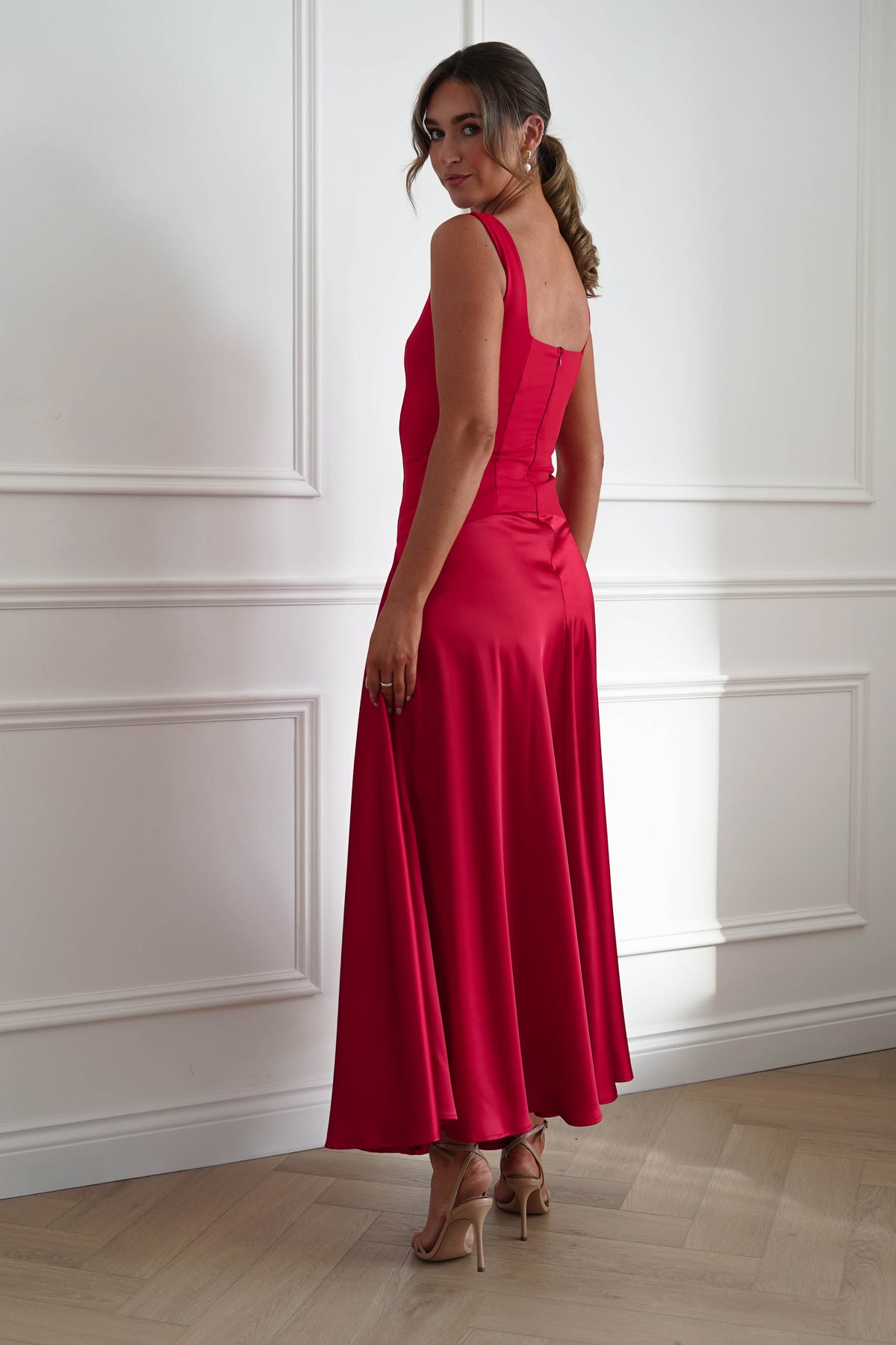 Oh Hello Clothing Dresses > Prom Dresses Elena Square Neck Soft Satin Maxi Dress | Red
