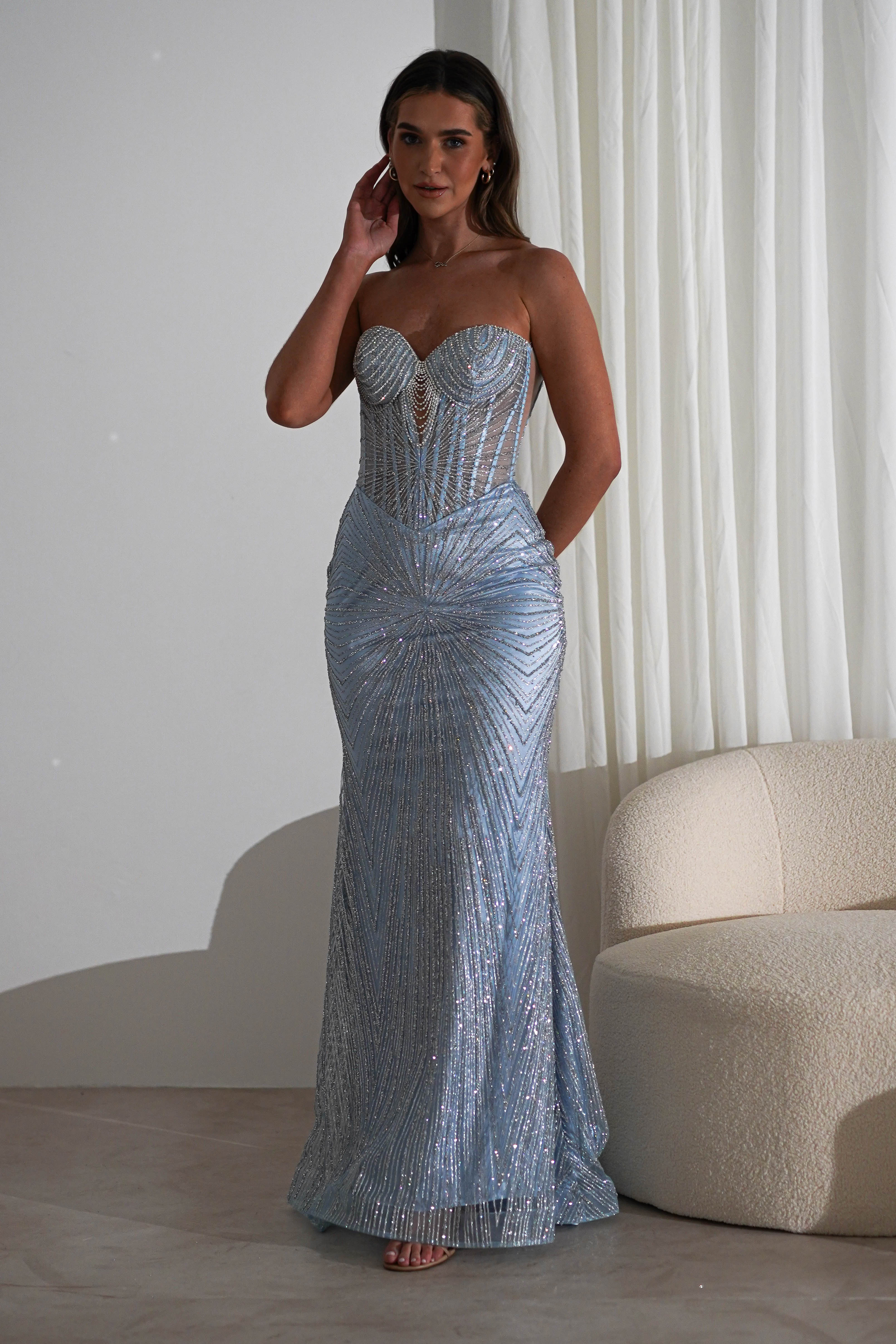 Elyse Glitter Strapless Gown | Light Blue/Silver | Oh Hello Clothing | XS (6)