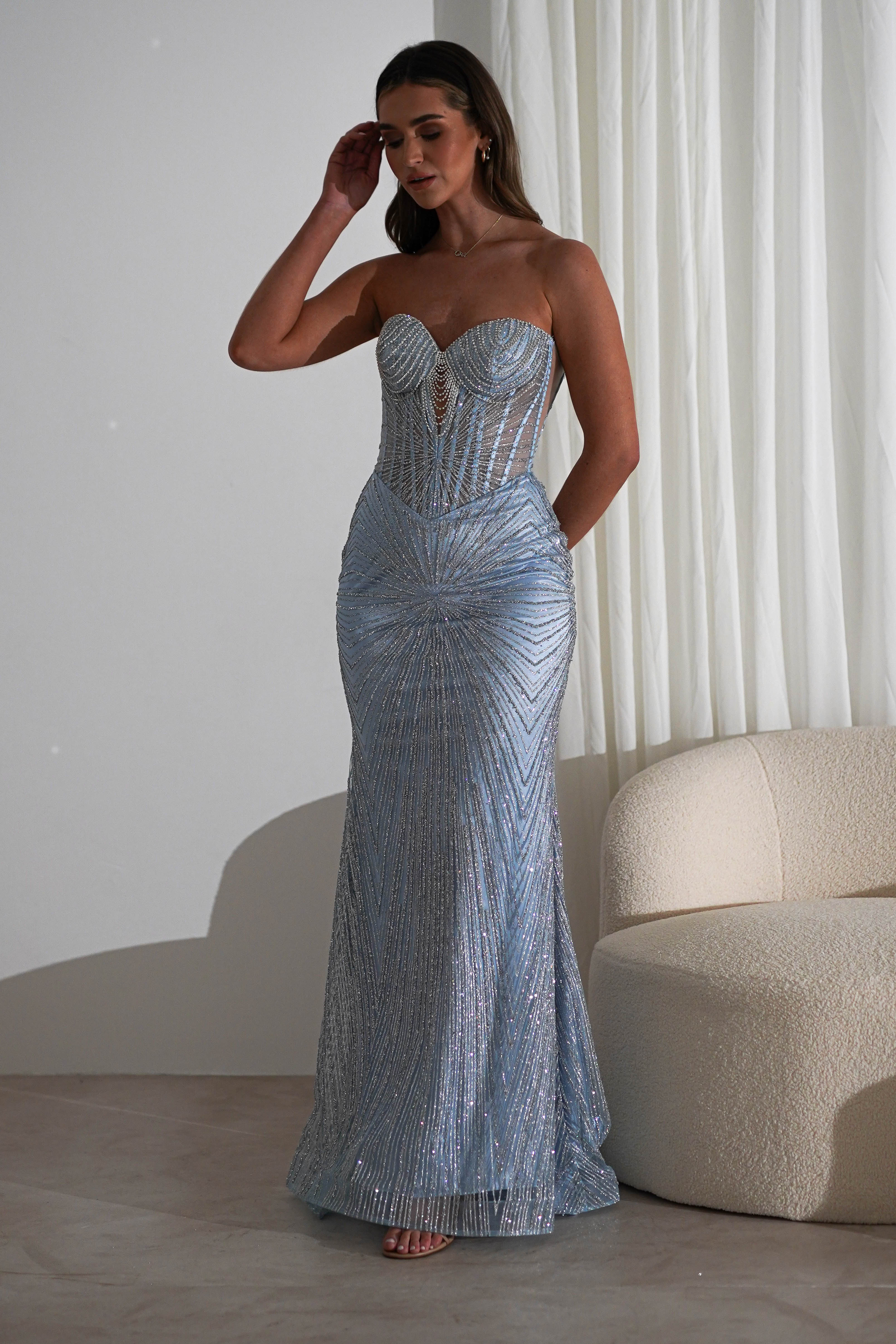 Elyse Glitter Strapless Gown | Light Blue/Silver | Oh Hello Clothing | XS (6)