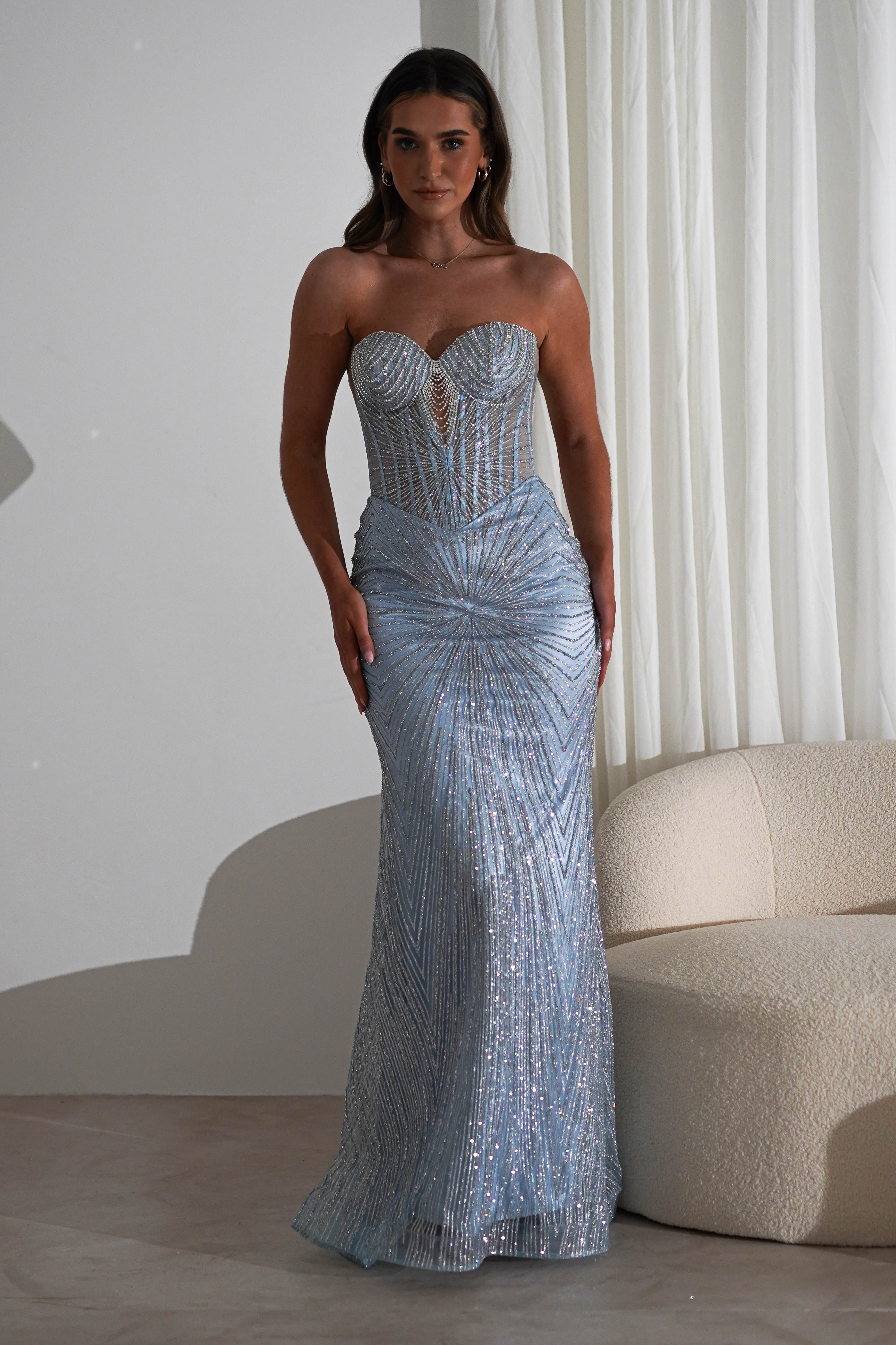 Elyse Glitter Strapless Gown | Light Blue/Silver | Oh Hello Clothing | XS (6)