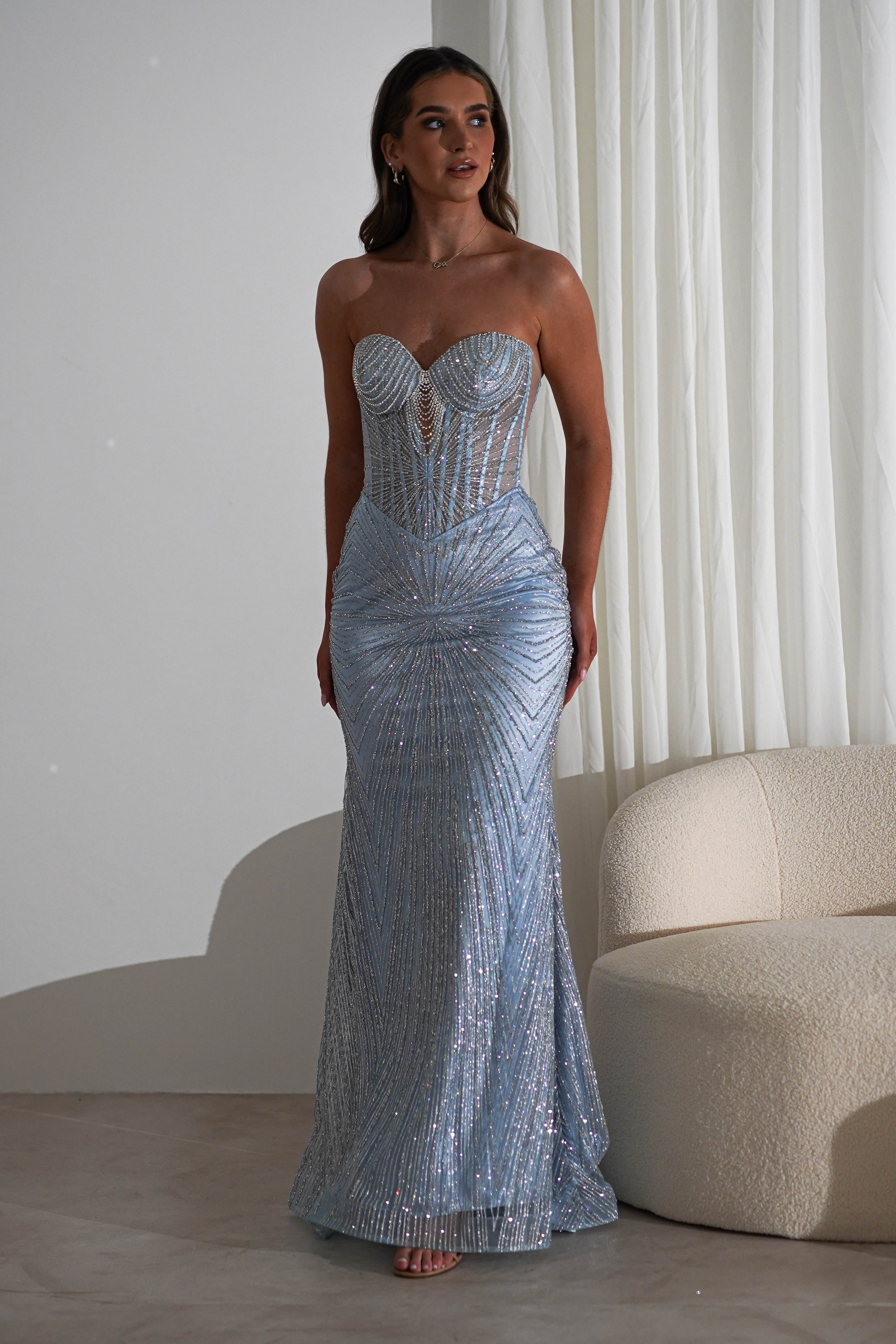 Elyse Glitter Strapless Gown | Light Blue/Silver | Oh Hello Clothing | XS (6)