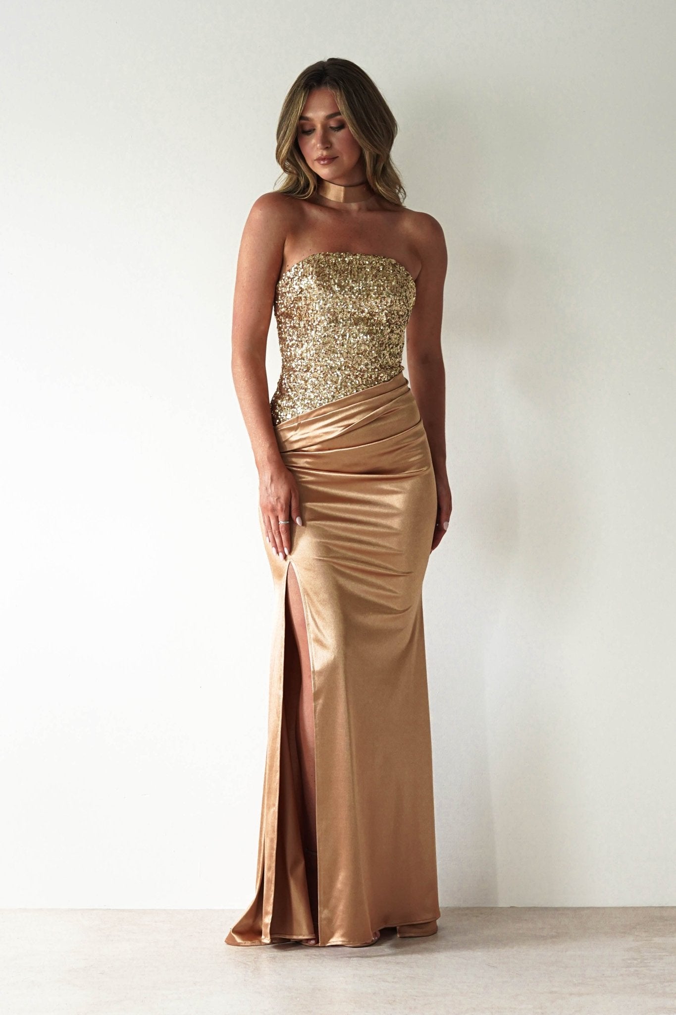 Elysia Sequin Embellished Bodice Gown | Gold | Oh Hello Clothing | XS (6)
