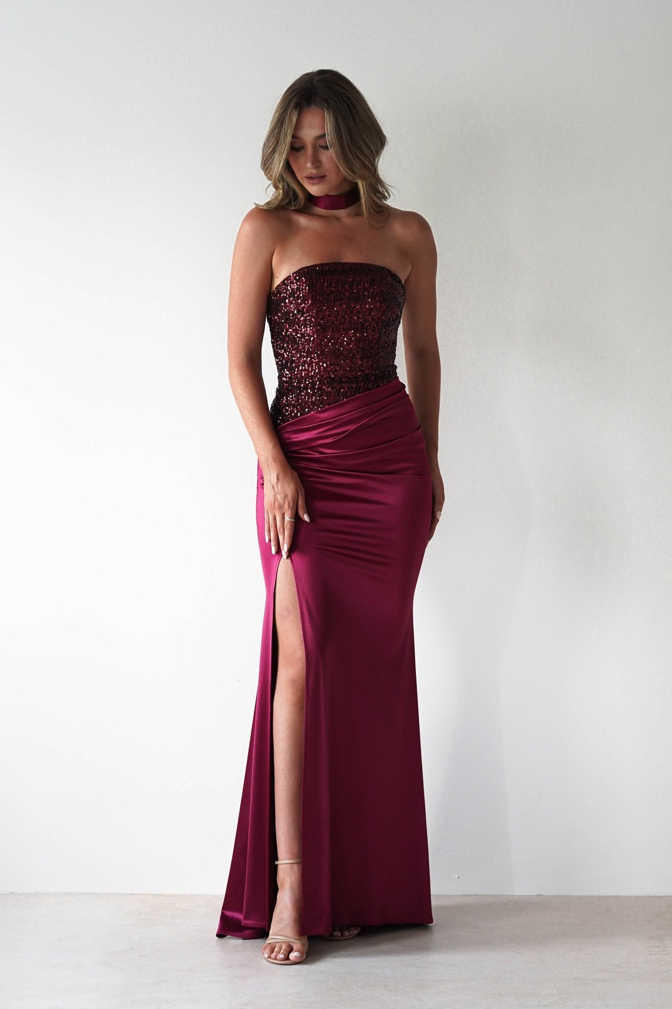 Elysia Sequin Embellished Bodice Gown | Wine | Oh Hello Clothing | XS (6)