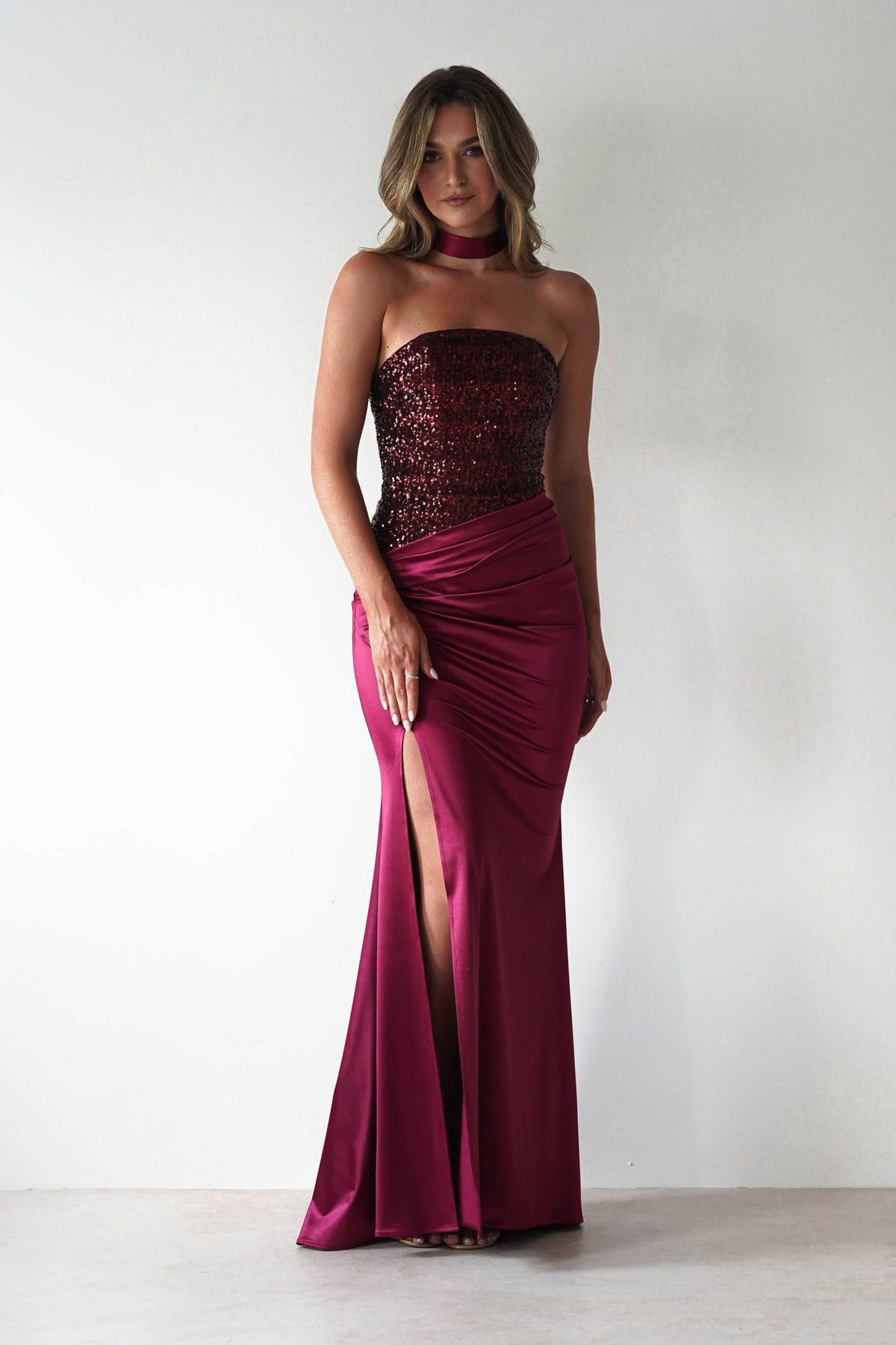 wine evening dress Elysia Sequin Embellished Bodice Gown | | Debs & Prom 155cm Stretch Color:Mocha (DarkSalmon) PLwedding Lace Flower Girls casual button down