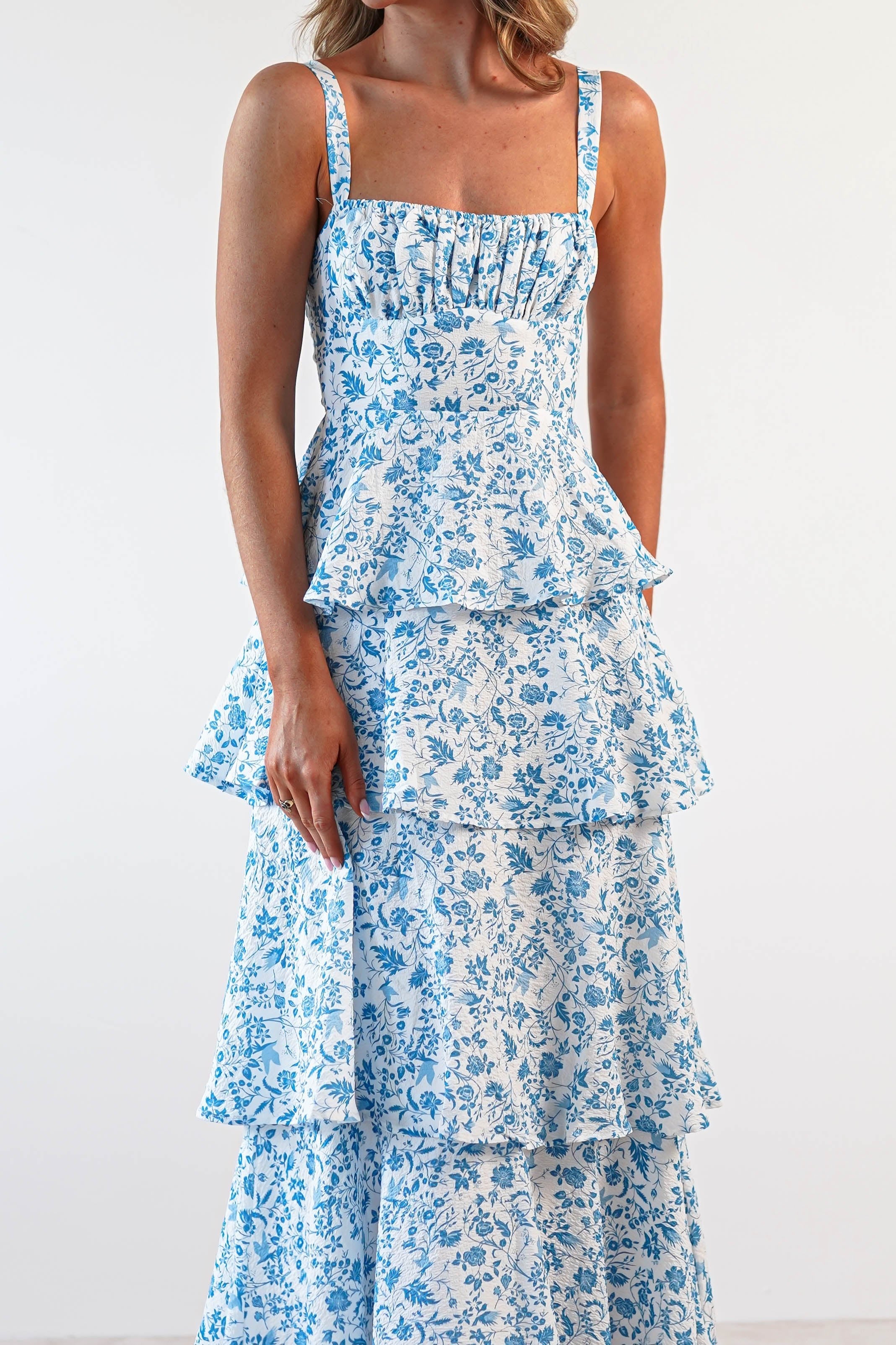 Emily Floral Ruffle Maxi Dress | Blue/White | Oh Hello Clothing | 6