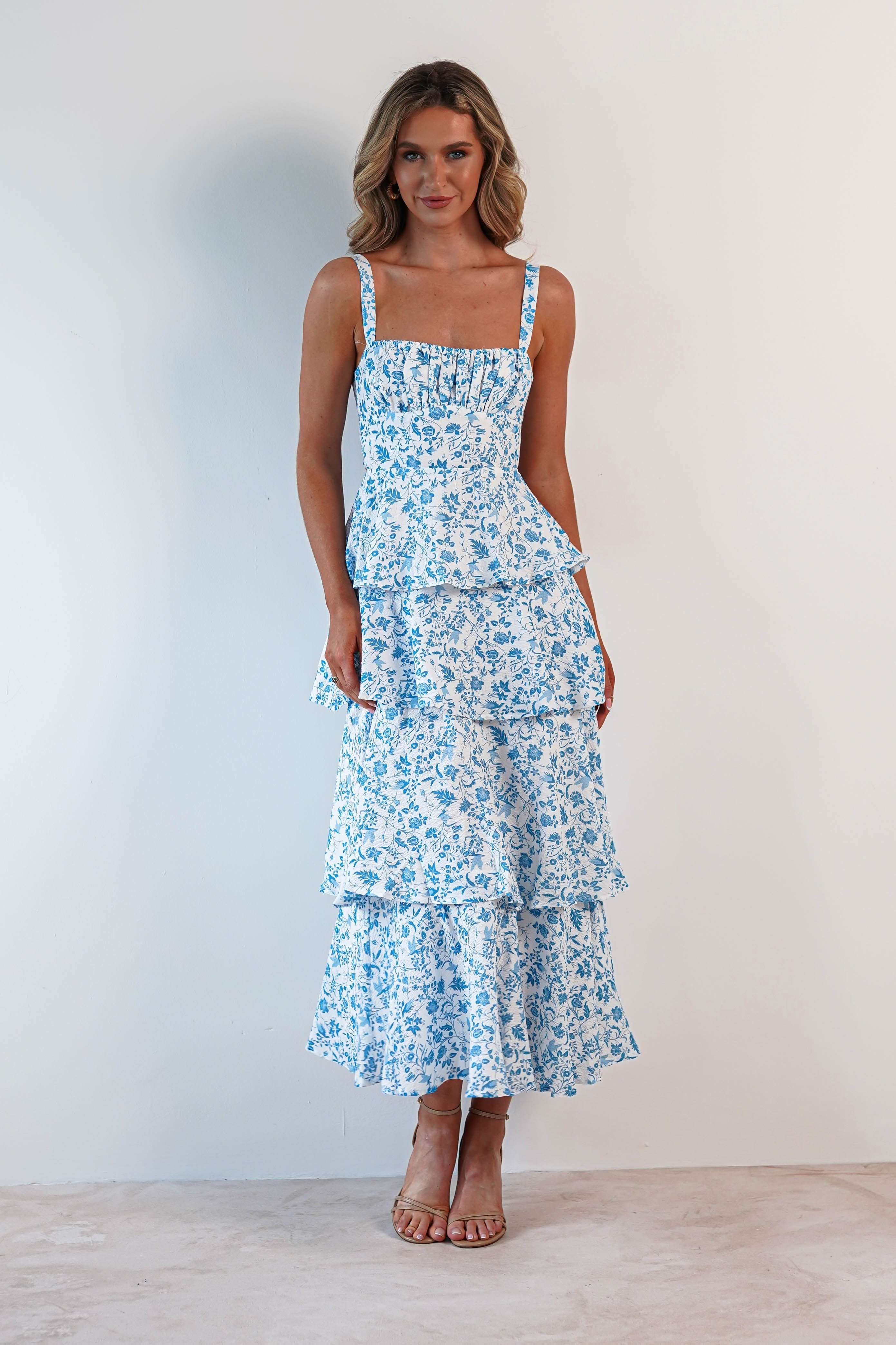Emily Floral Ruffle Maxi Dress | Blue/White | Oh Hello Clothing | 6