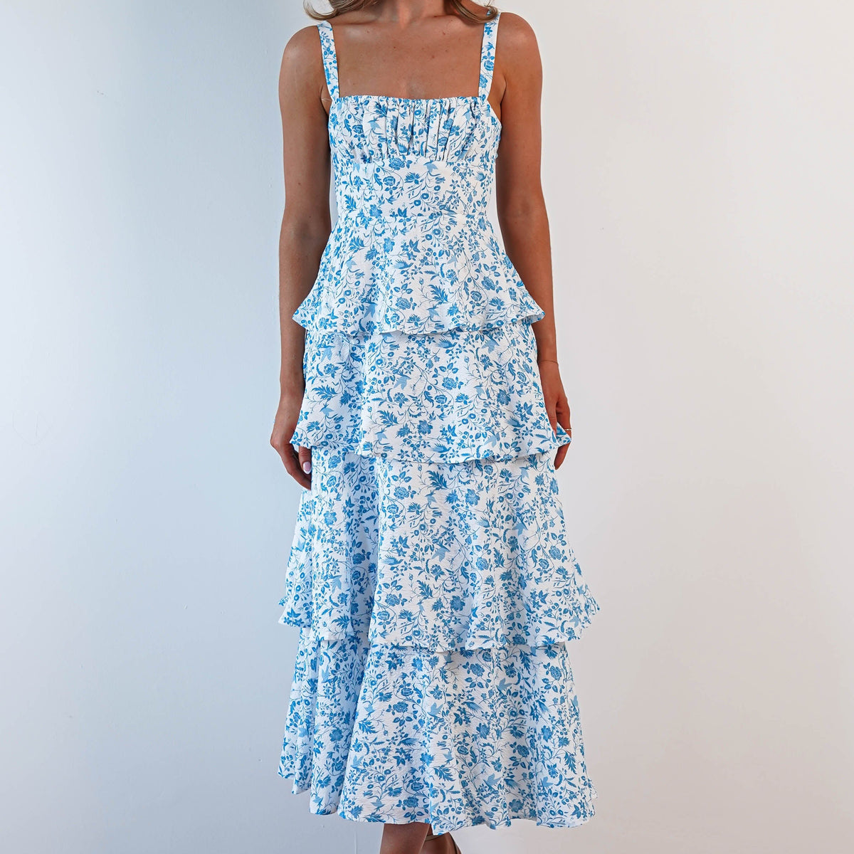 Emily Floral Ruffle Maxi Dress Blue/White | Wedding Guest Dress