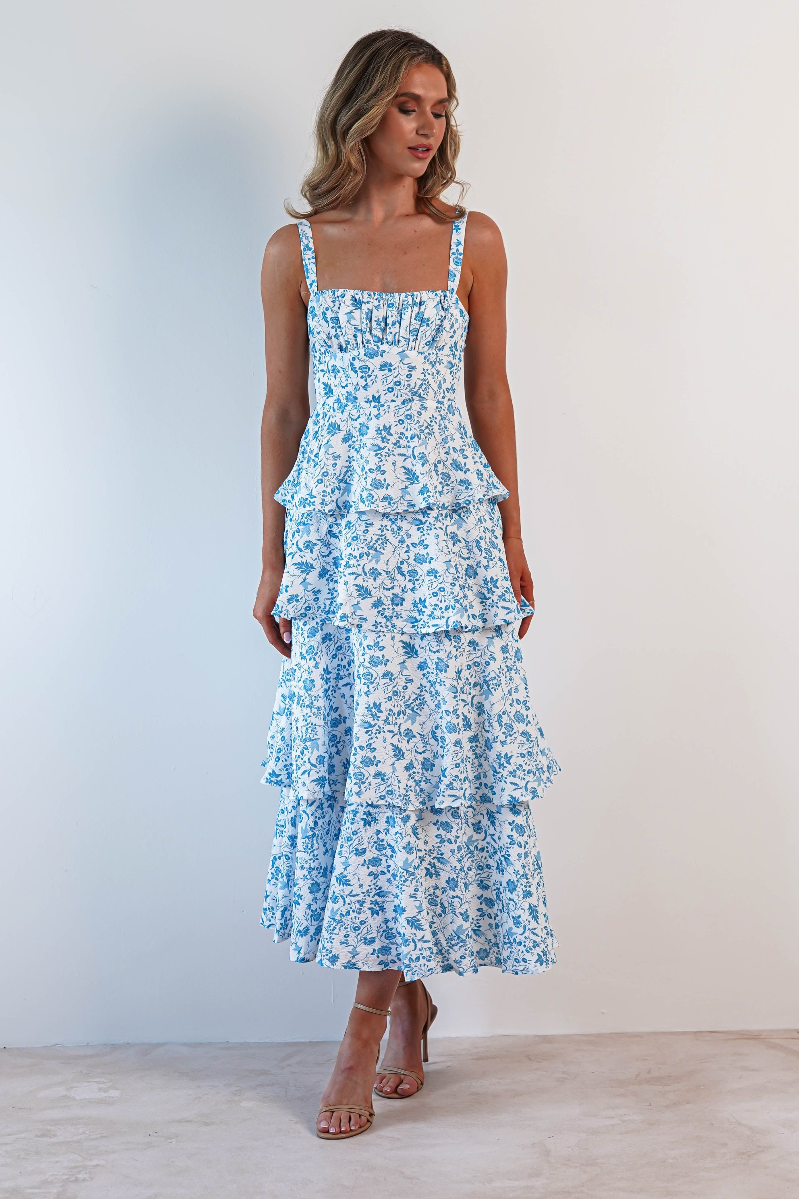 Emily Floral Ruffle Maxi Dress | Blue/White | Oh Hello Clothing | 6