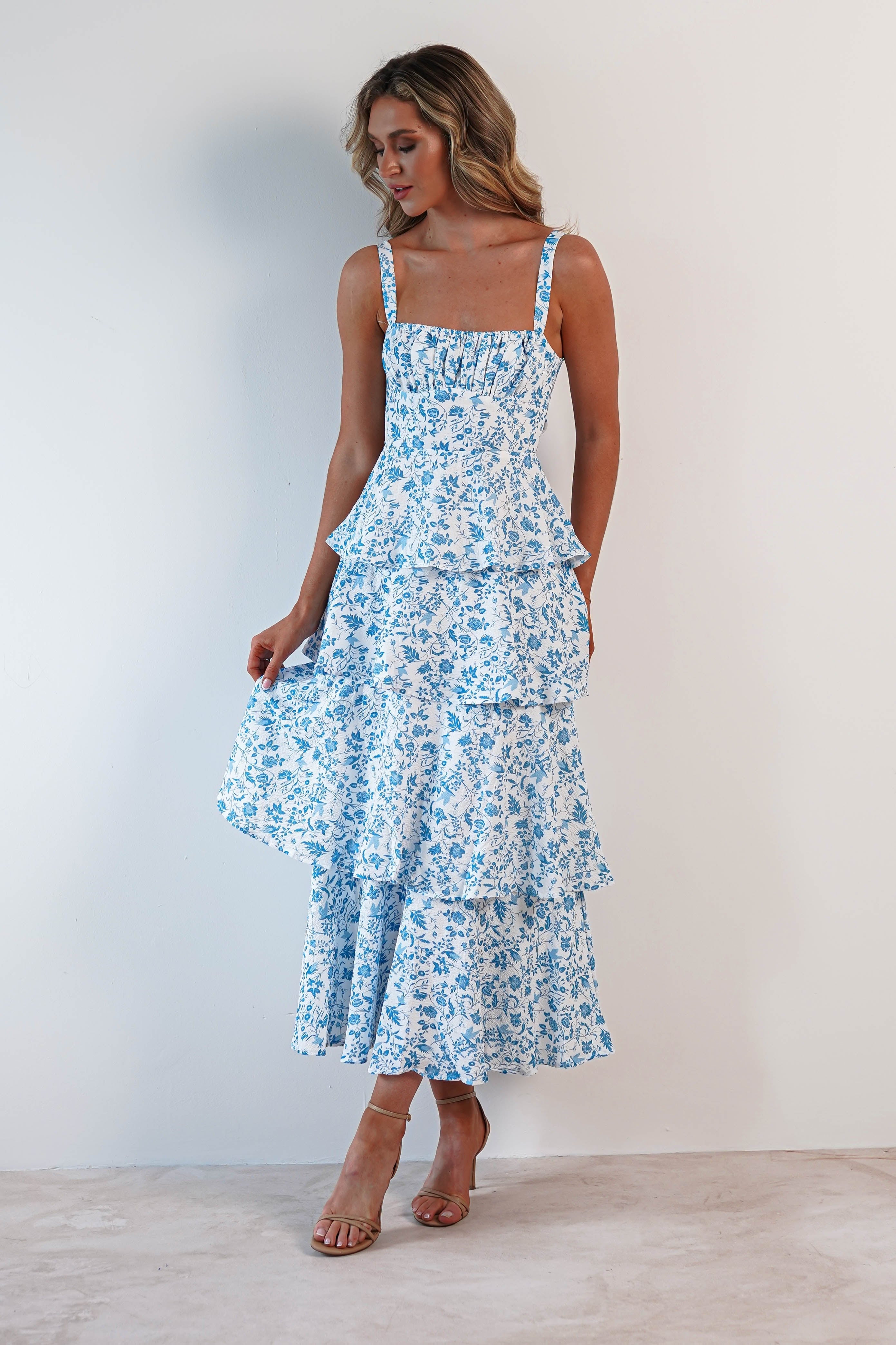 Emily Floral Ruffle Maxi Dress | Blue/White | Oh Hello Clothing | 6